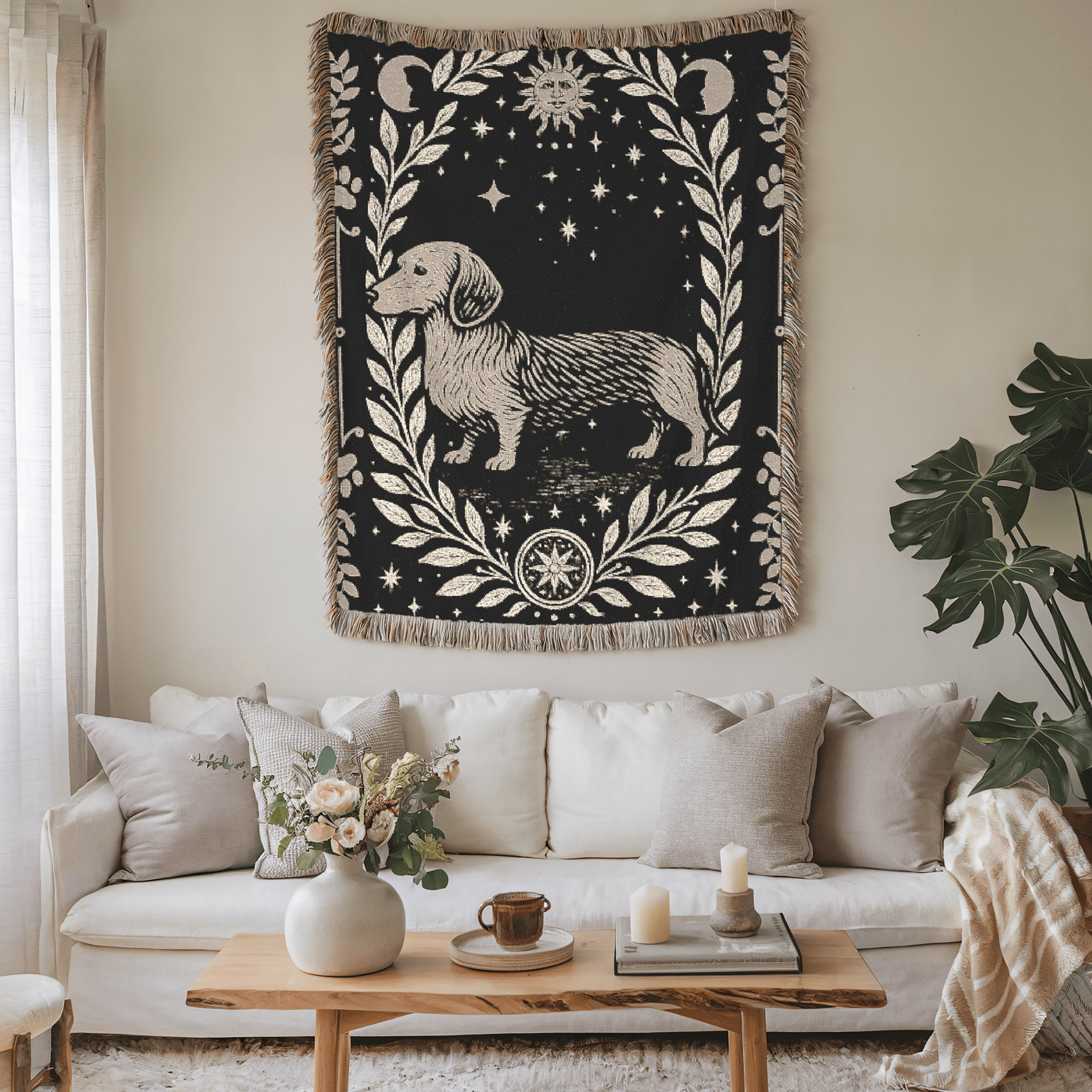 Printify Home Decor Dachshund Dog Celestial Woven Blanket