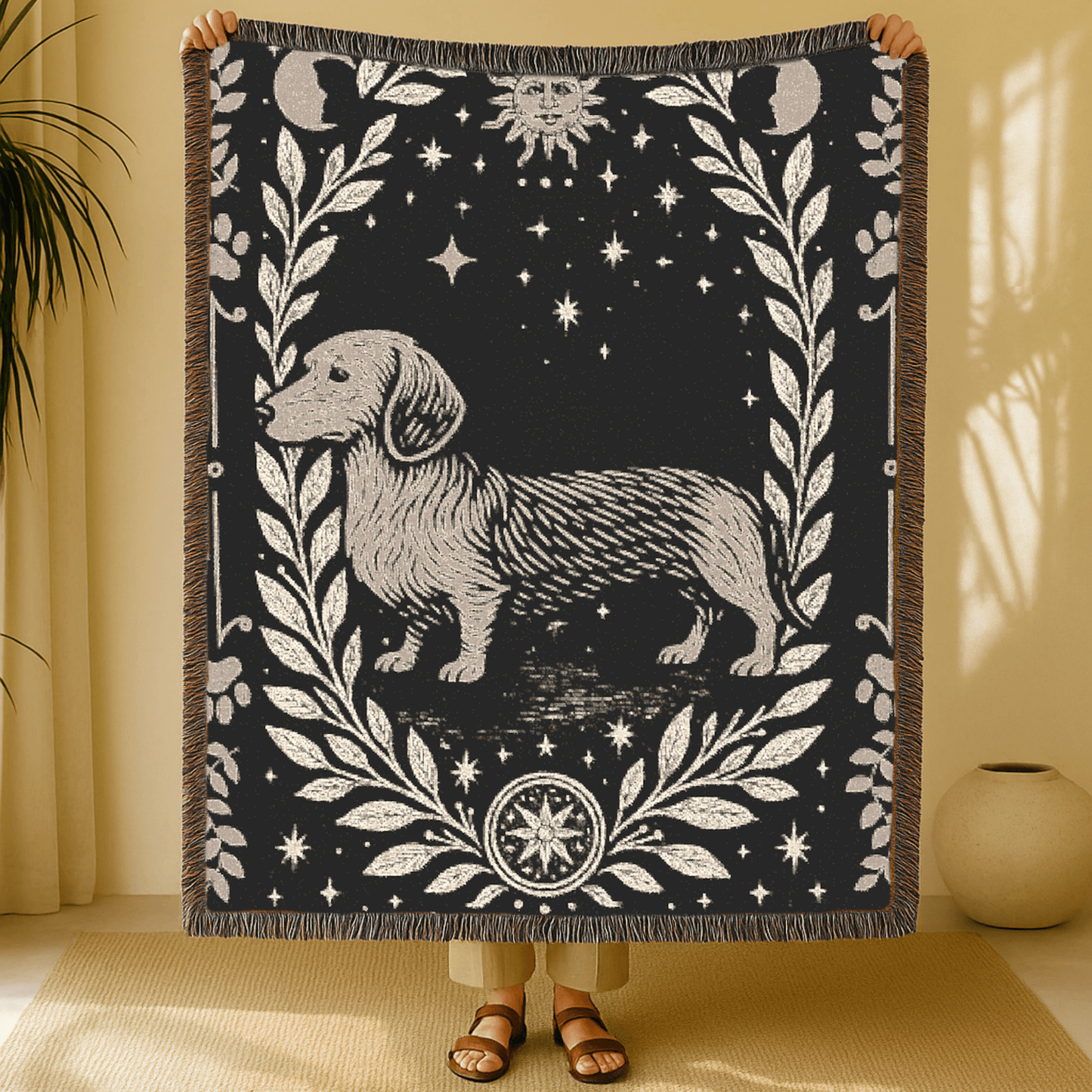 Printify Home Decor Dachshund Dog Celestial Woven Blanket