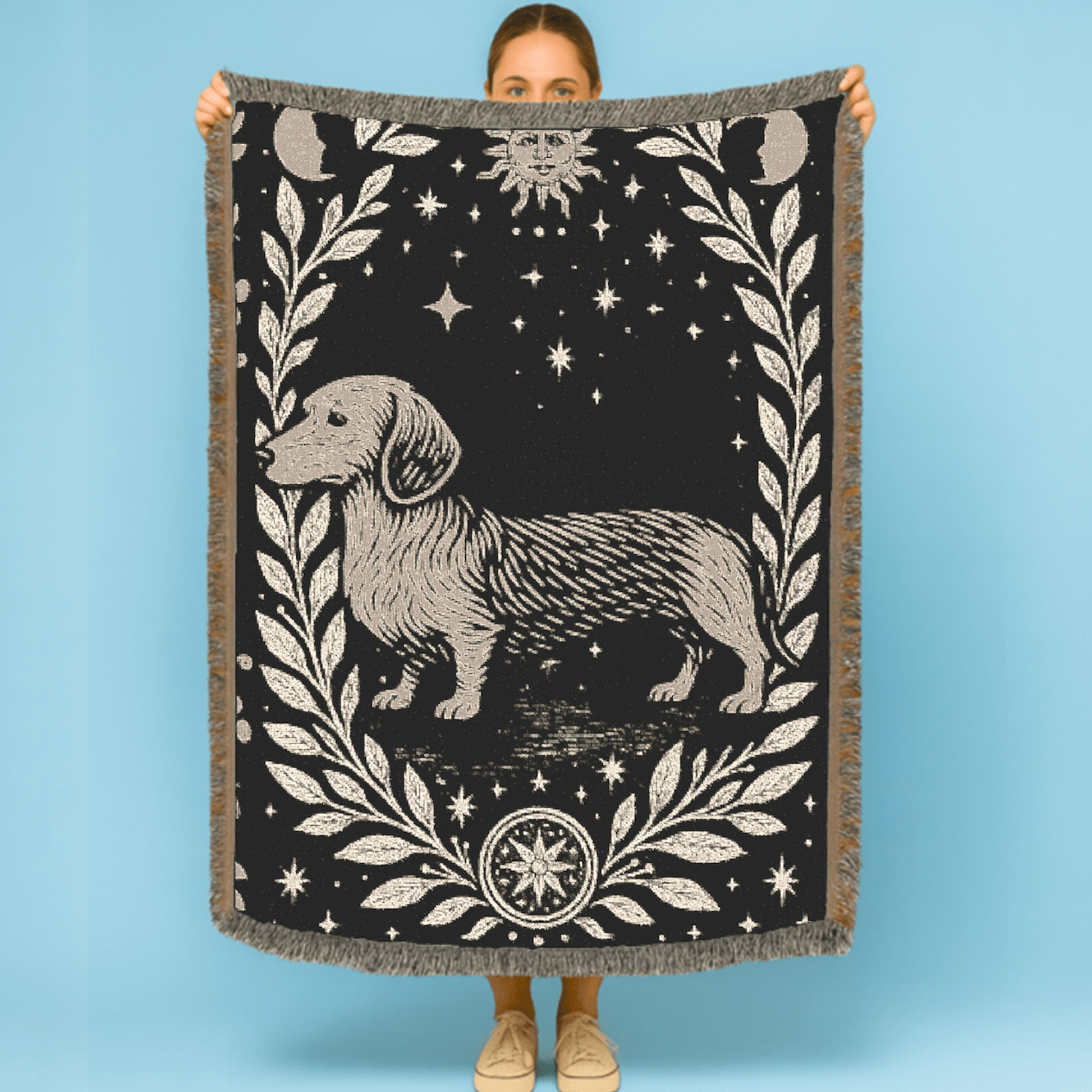 Printify Home Decor Dachshund Dog Celestial Woven Blanket