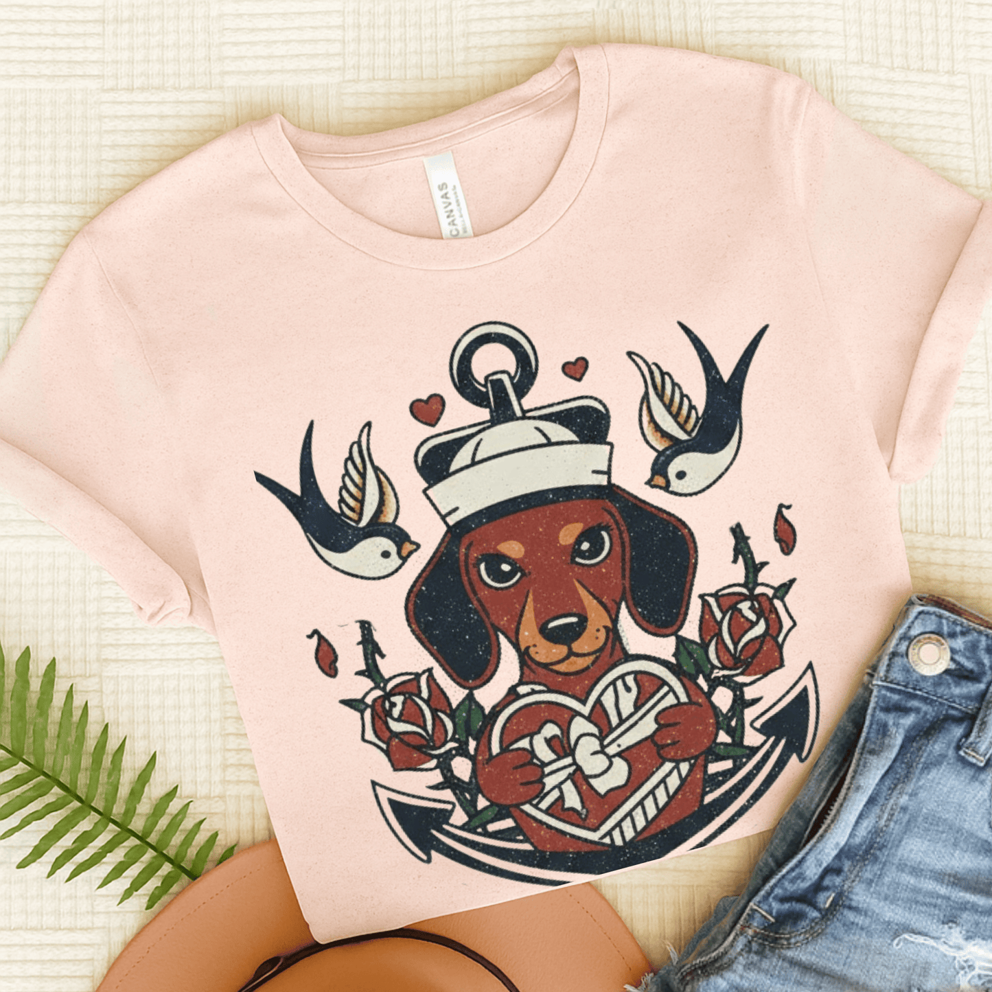 Dachshund Dog Sailor Love Unisex TShirt Soft Pink