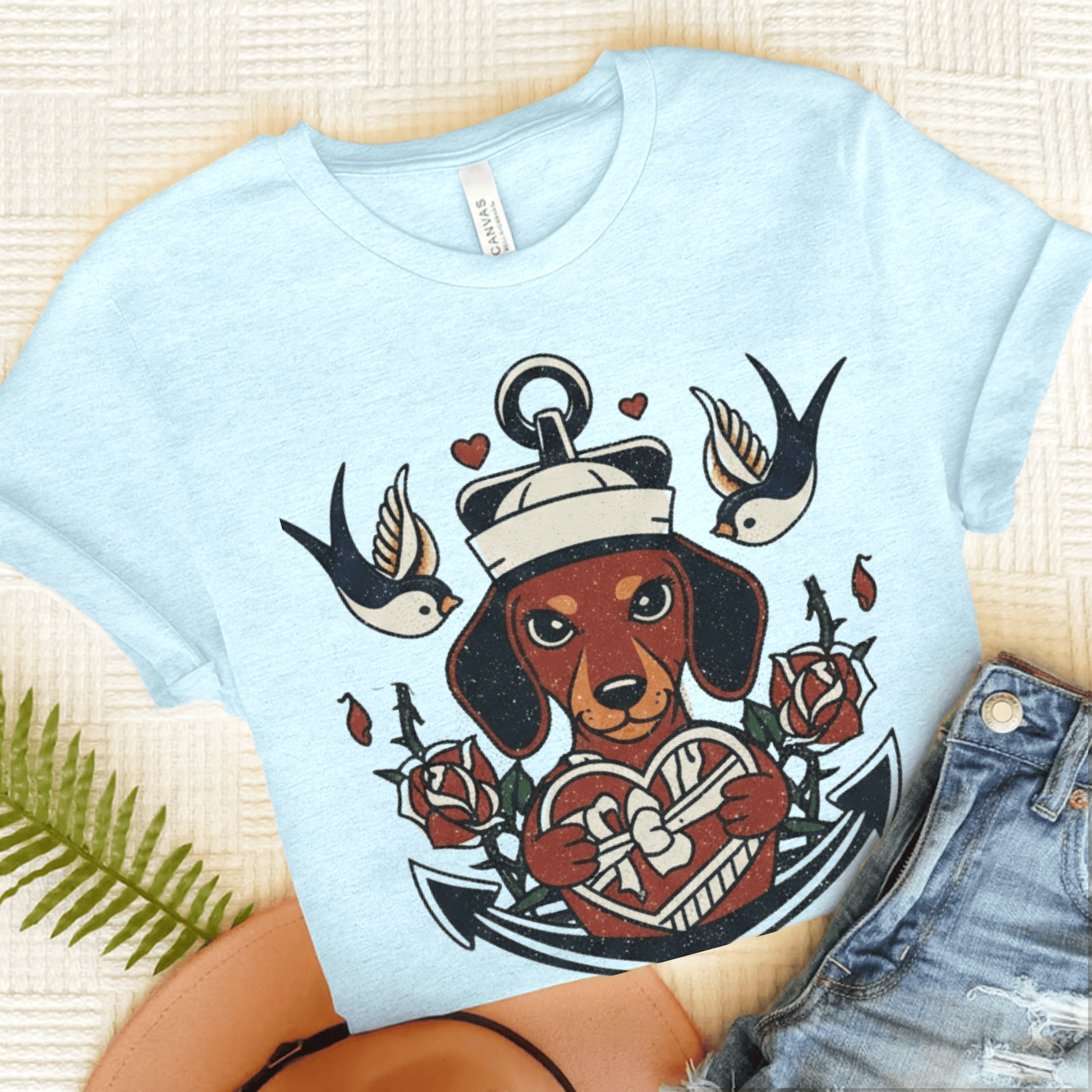 Dachshund Dog Sailor Love Unisex TShirt Heather Ice Blue