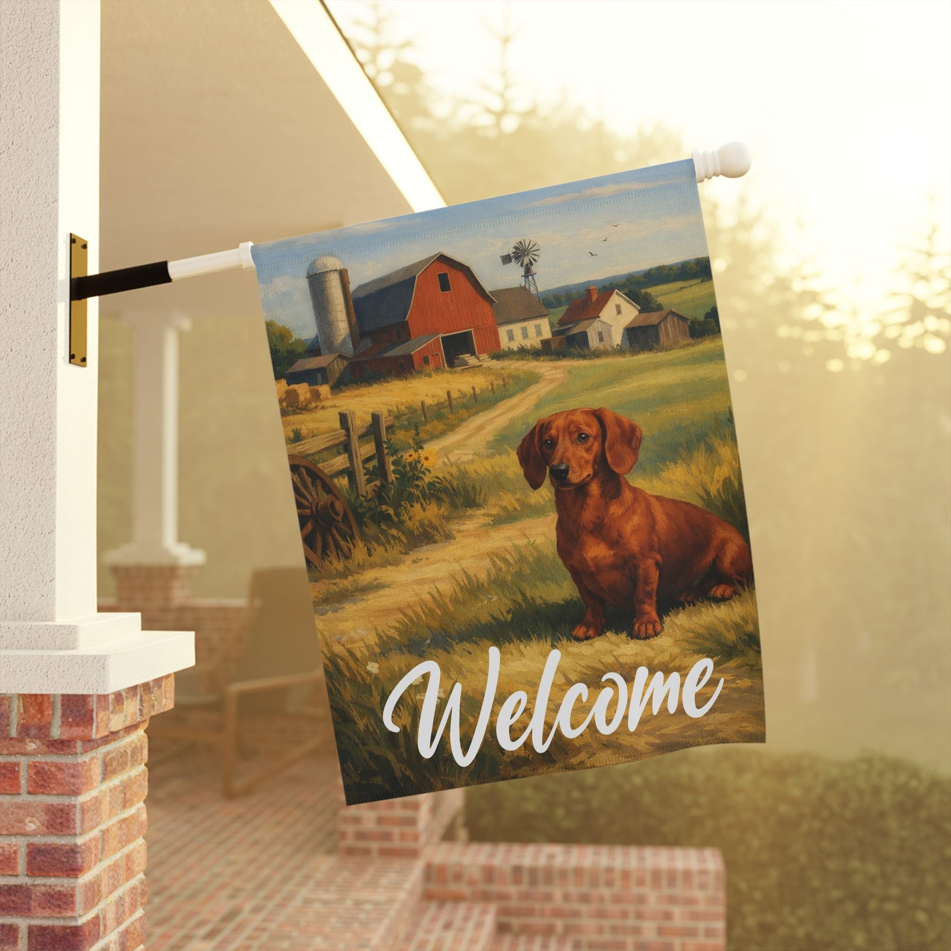 Dachshund Farm Red Barn Yard Flag