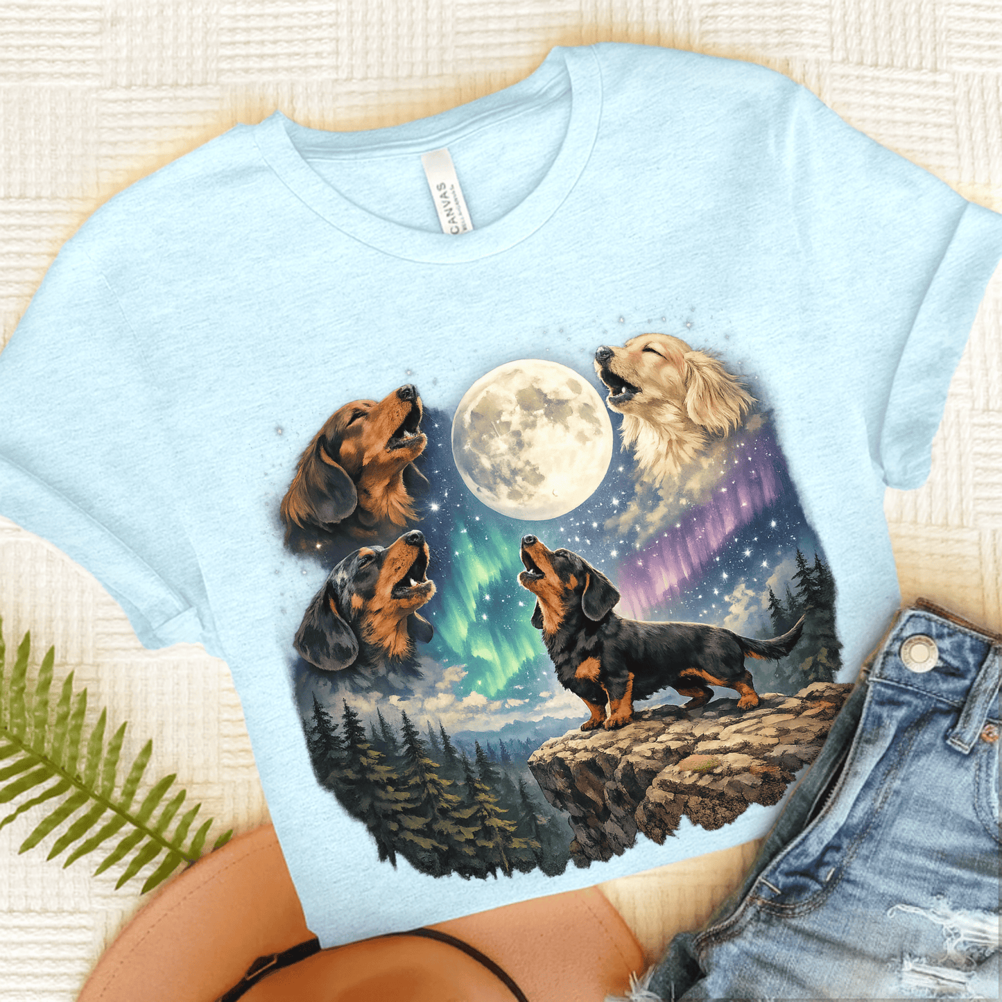 Dachshund Howling Galaxy Unisex TShirt Heather Ice Blue