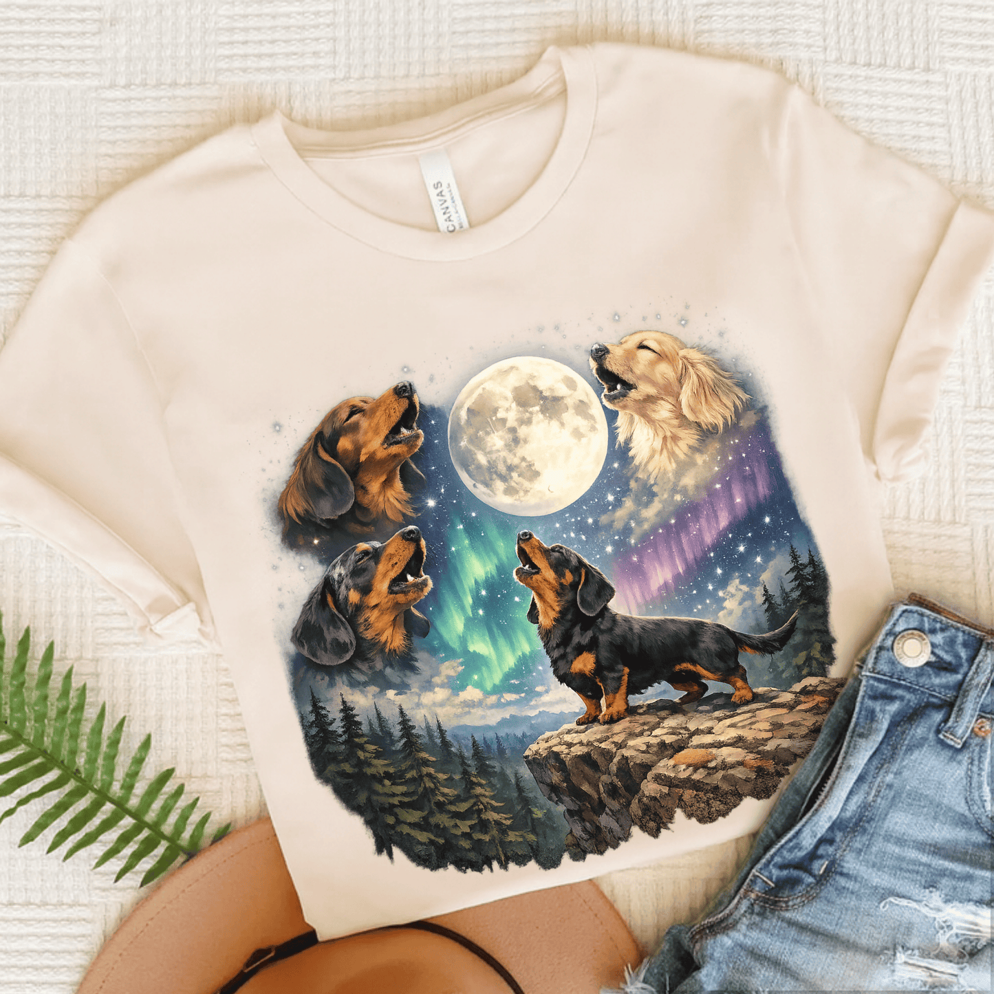 Dachshund Howling Galaxy Unisex TShirt Natural
