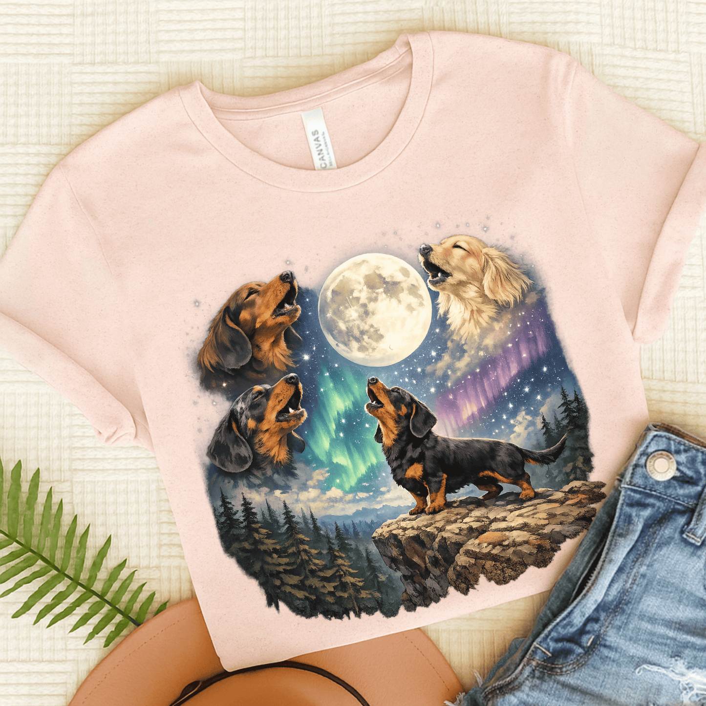 Dachshund Howling Galaxy Unisex TShirt Soft Pink