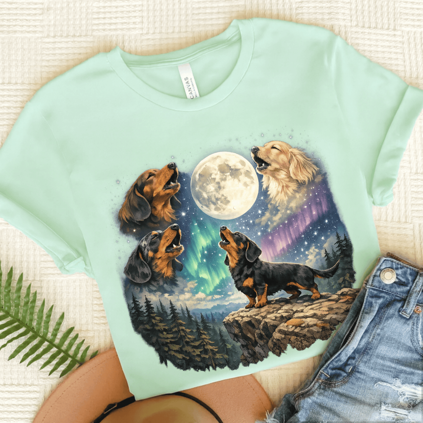 Dachshund Howling Galaxy Unisex TShirt Heather Mint