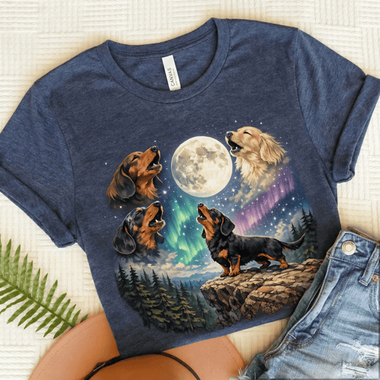 Dachshund Howling Galaxy Unisex TShirt Heather Navy