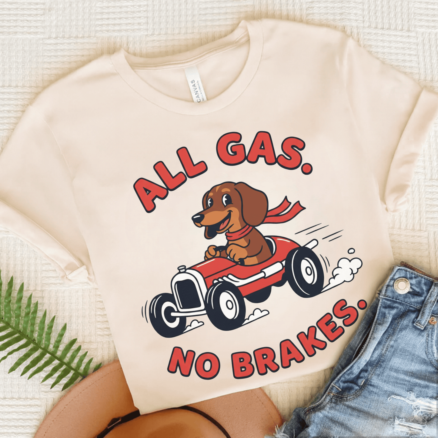 Dachshund Racing All Gas Unisex TShirt Natural