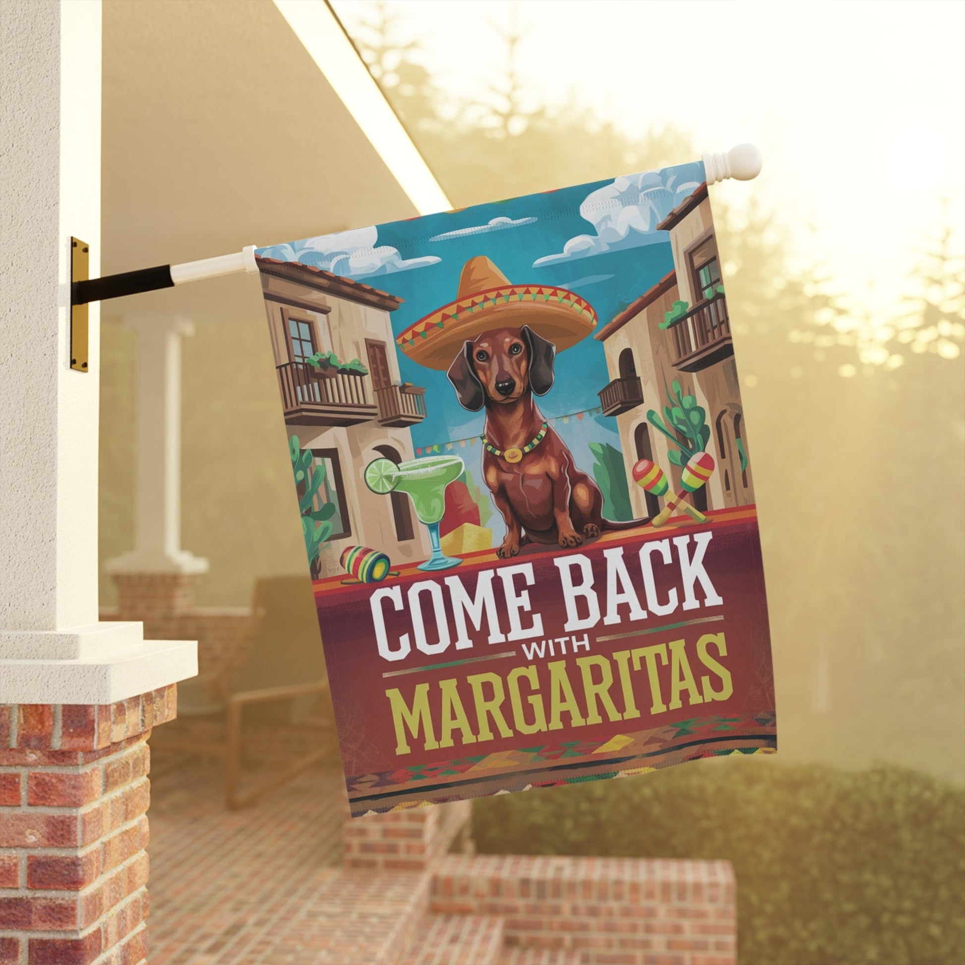 Printify Garden Flag Dachshund Red Dog Garden Flag, Cinco de Mayo Fiesta, Margarita Drinking Decor