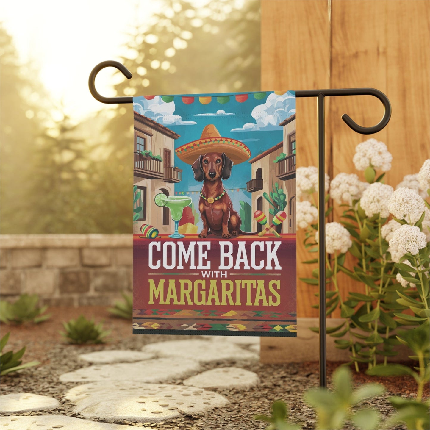 Printify Garden Flag Dachshund Red Dog Garden Flag, Cinco de Mayo Fiesta, Margarita Drinking Decor
