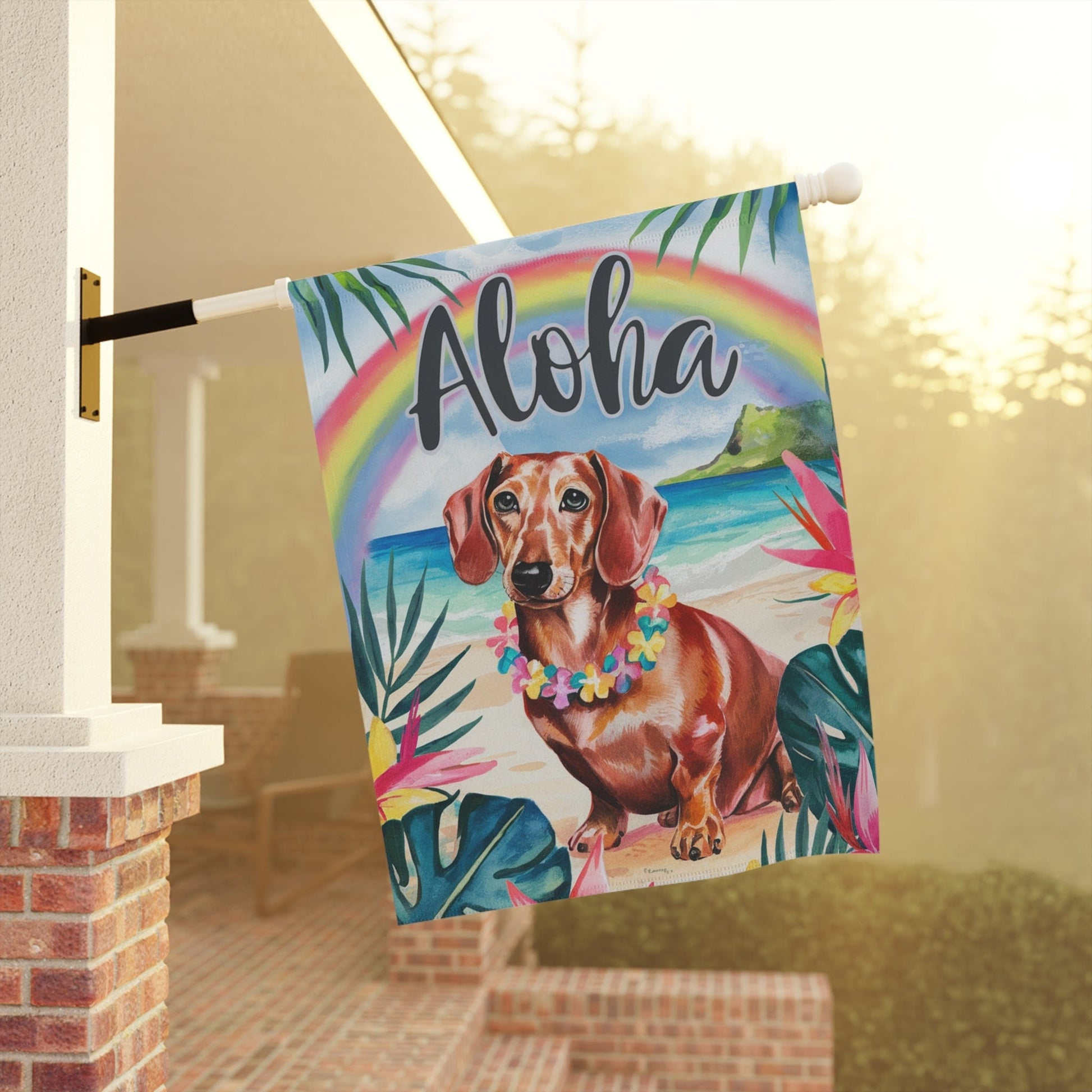 Printify Garden Flag Dachshund Red Hawaii Garden Flag, Aloha Luau Party Decorations, Tropical