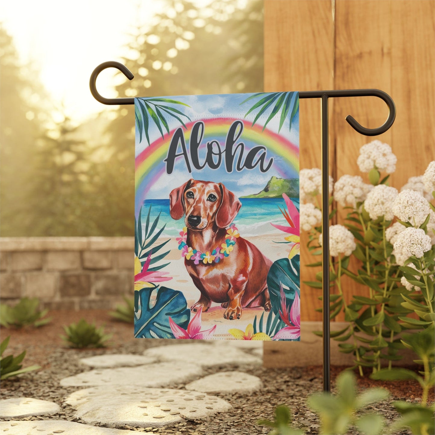 Printify Garden Flag Dachshund Red Hawaii Garden Flag, Aloha Luau Party Decorations, Tropical