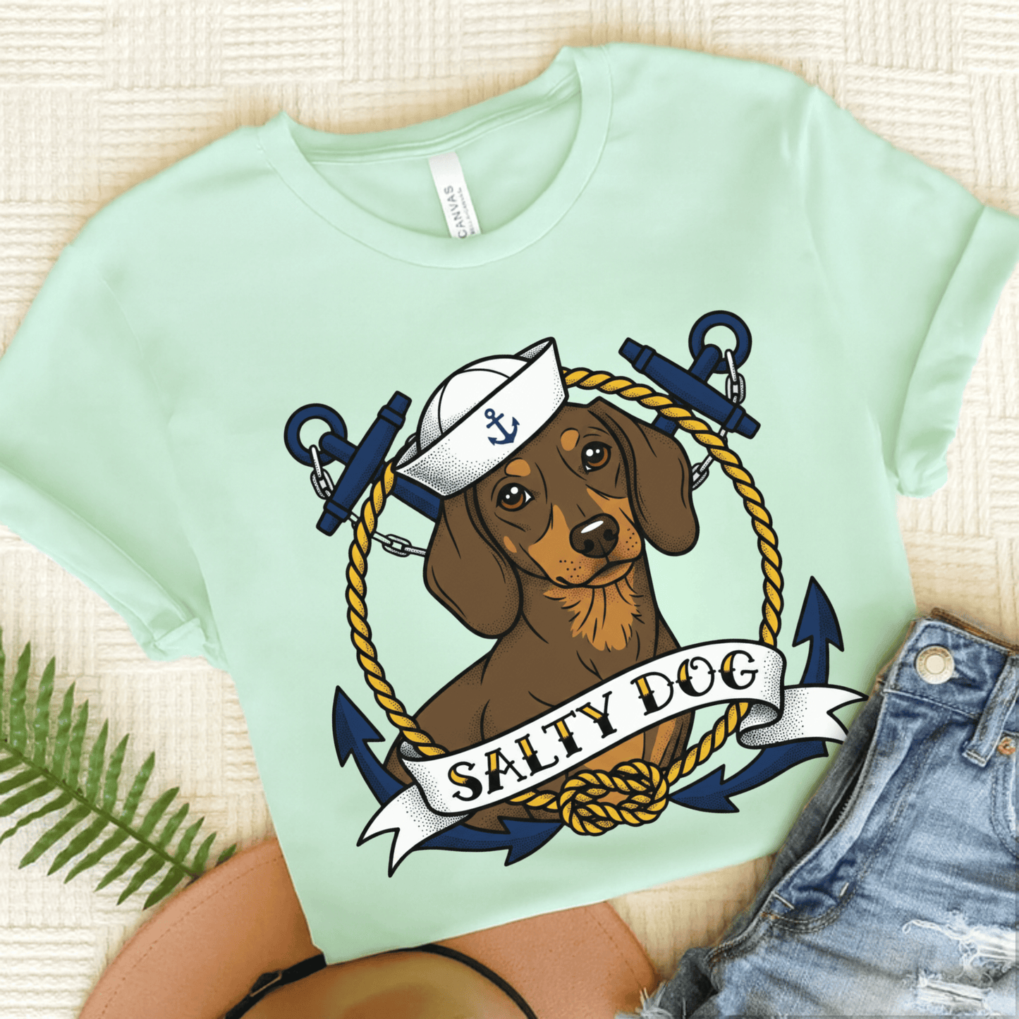 Dachshund Sailor Salty Dog Unisex TShirt Heather Mint