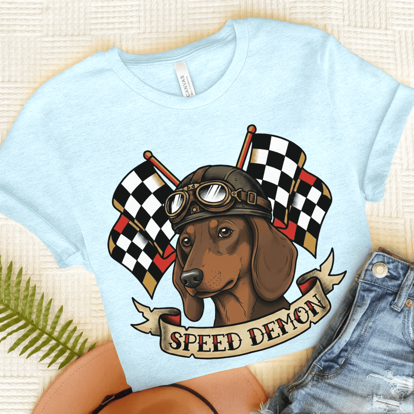 Dachshund Speed Demon Dog Unisex TShirt Heather Ice Blue