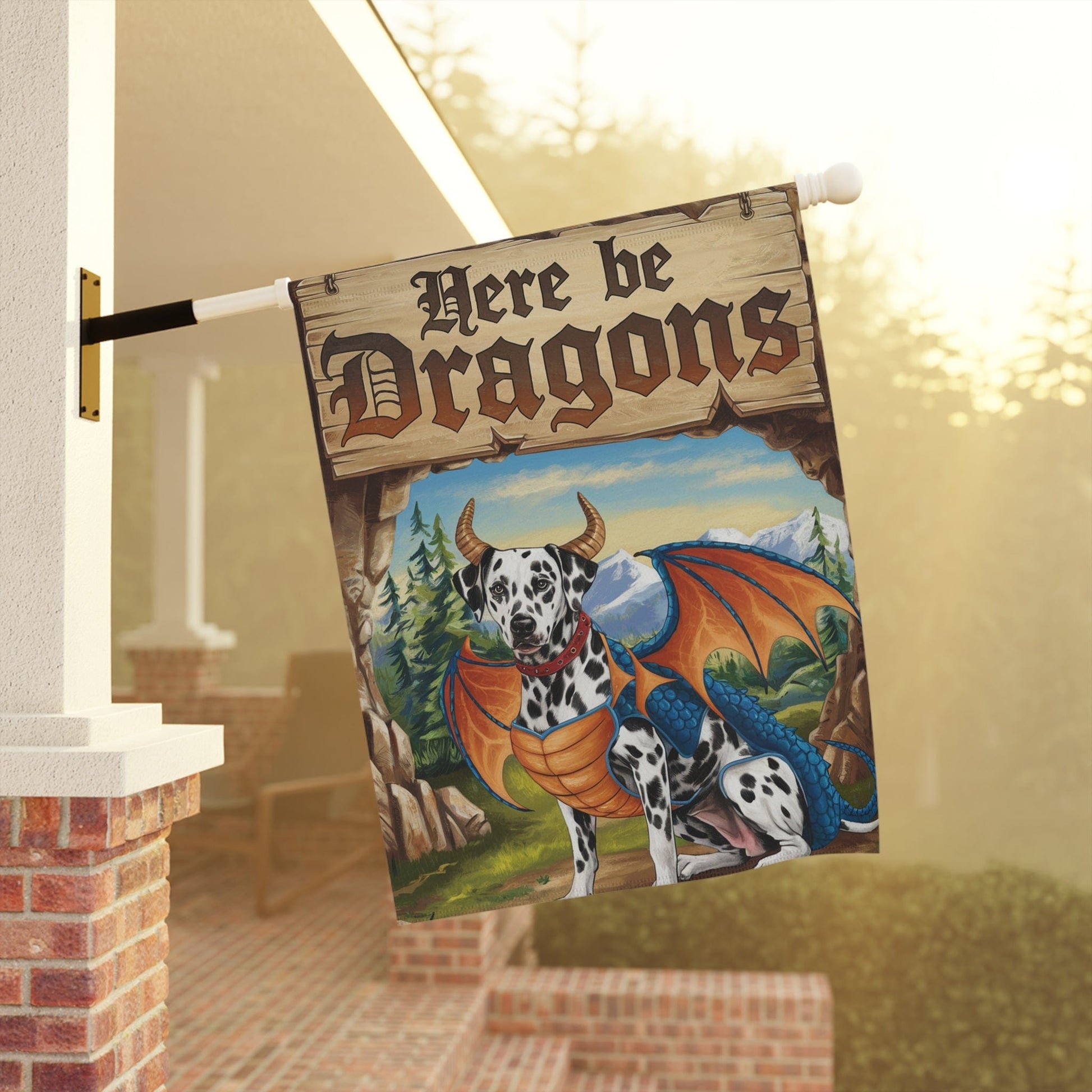 Printify Home Decor Dalmatian Dog Dragon Garden Flag, Fantasy Pet Yard Spring Decor, Housewarming Gardener Gift, Halloween