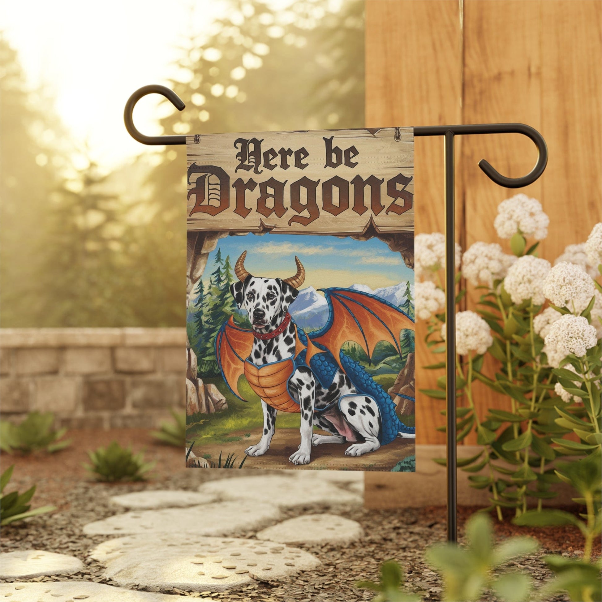 Printify Home Decor Dalmatian Dog Dragon Garden Flag, Fantasy Pet Yard Spring Decor, Housewarming Gardener Gift, Halloween