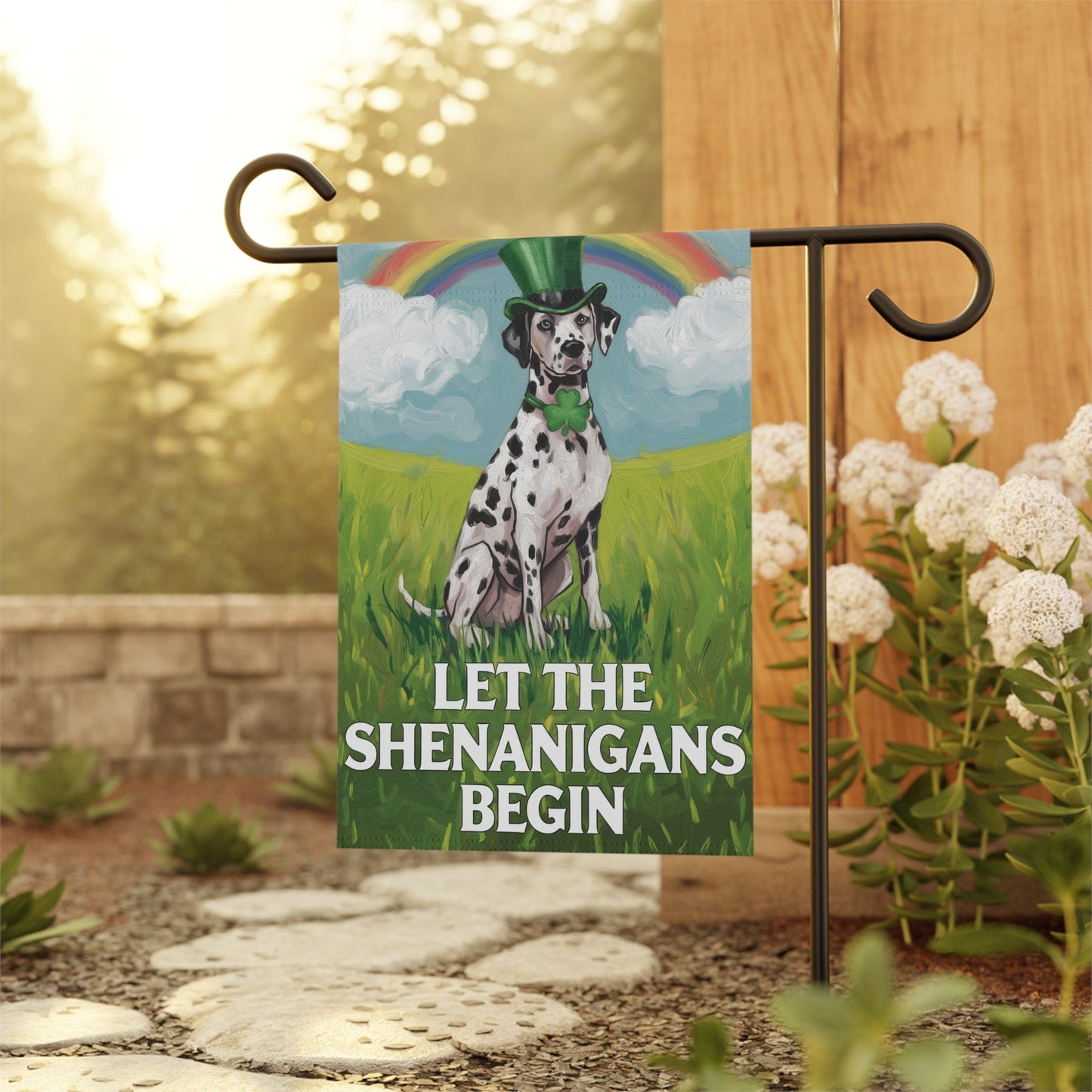 Printify Home Decor 12'' × 18'' Dalmatian Garden Flag, Saint Patricks Day Funny Dog Yard Outside Decor, Springtime Outdoor