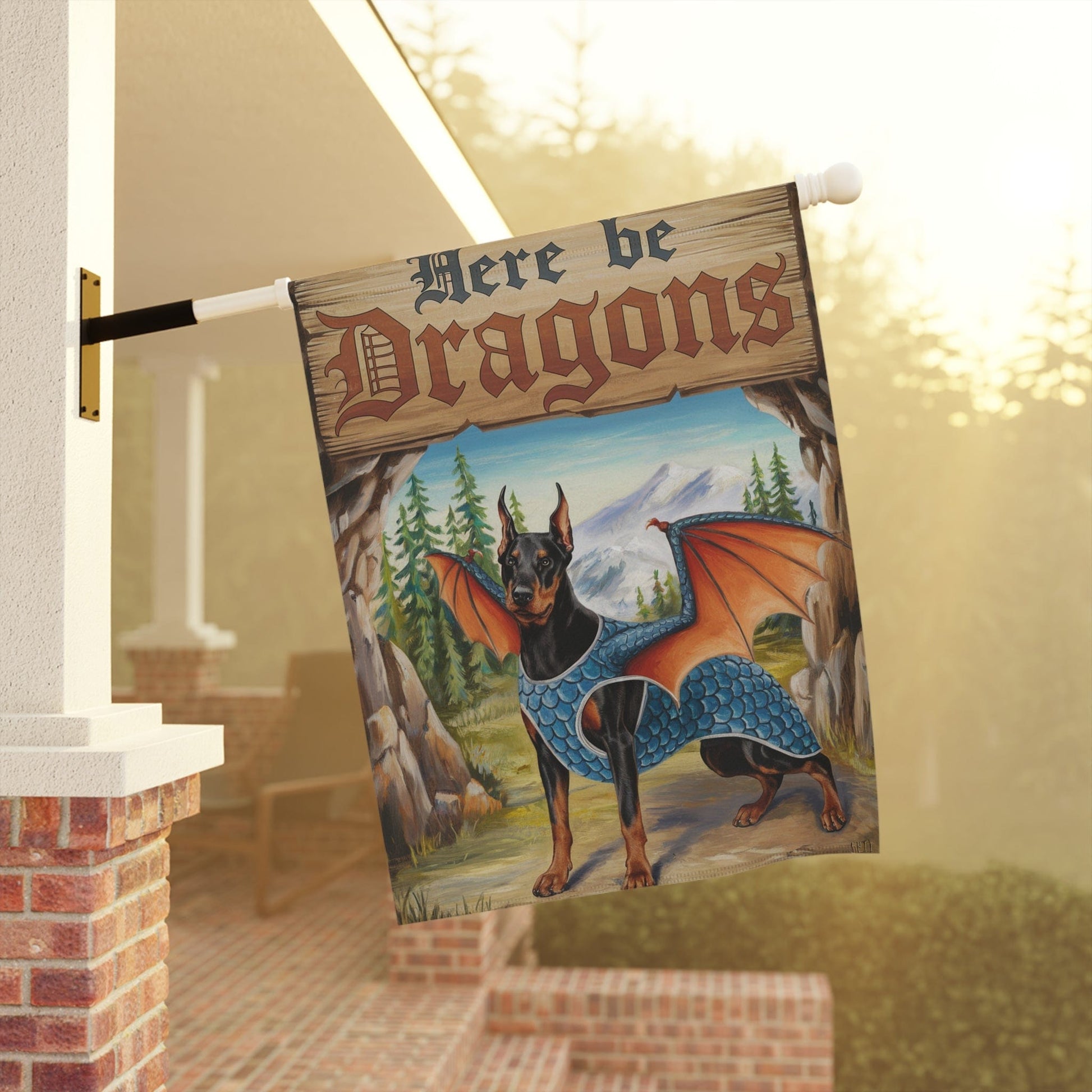 Printify Home Decor Doberman Pincher Dog Garden Flag, Fantasy Pet Dragon, Yard Fall Decor, Housewarming Gardener Gift, Halloween
