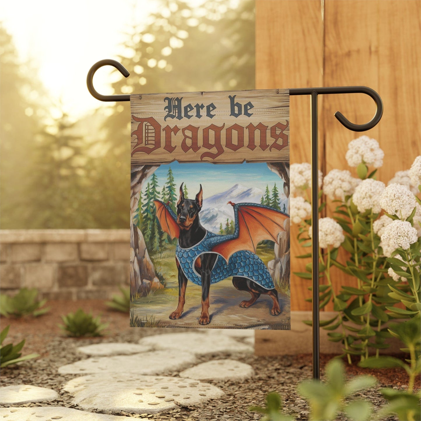 Printify Home Decor Doberman Pincher Dog Garden Flag, Fantasy Pet Dragon, Yard Fall Decor, Housewarming Gardener Gift, Halloween