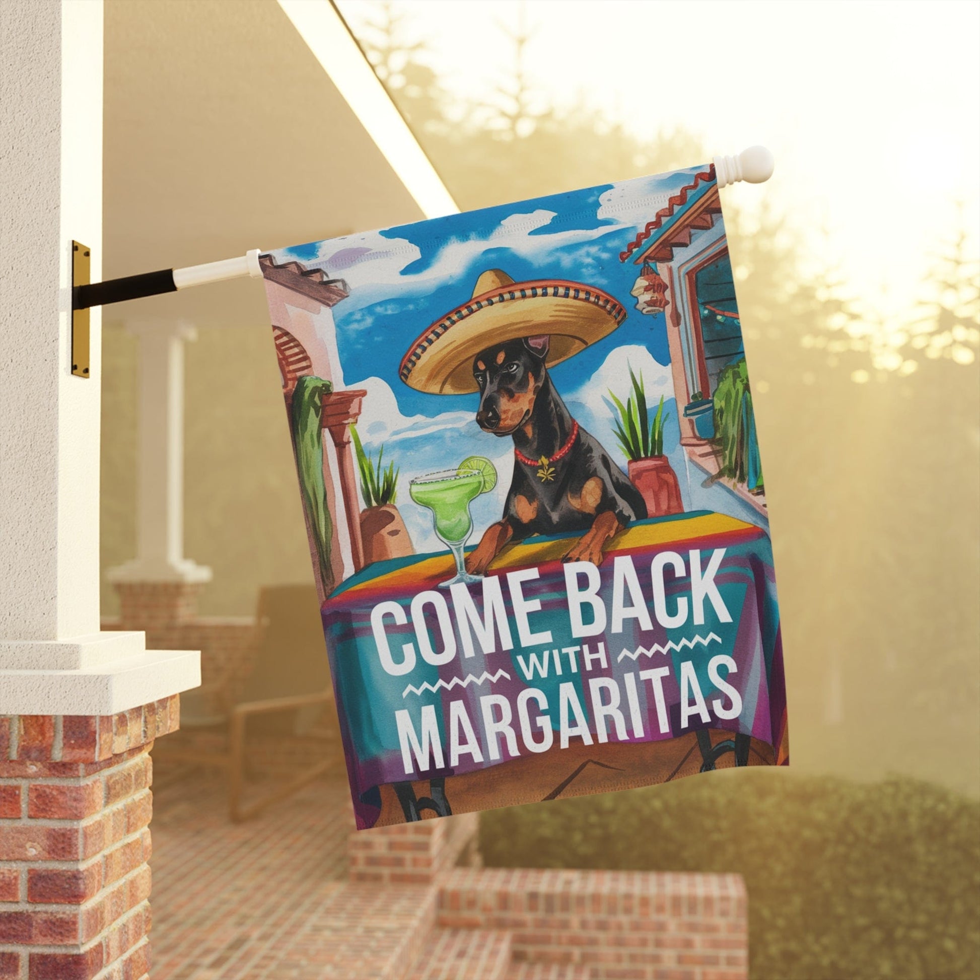 Printify Home Decor Doberman Pinscher Dog Garden Flag, Cinco de Mayo Fiesta, Margarita Front Yard