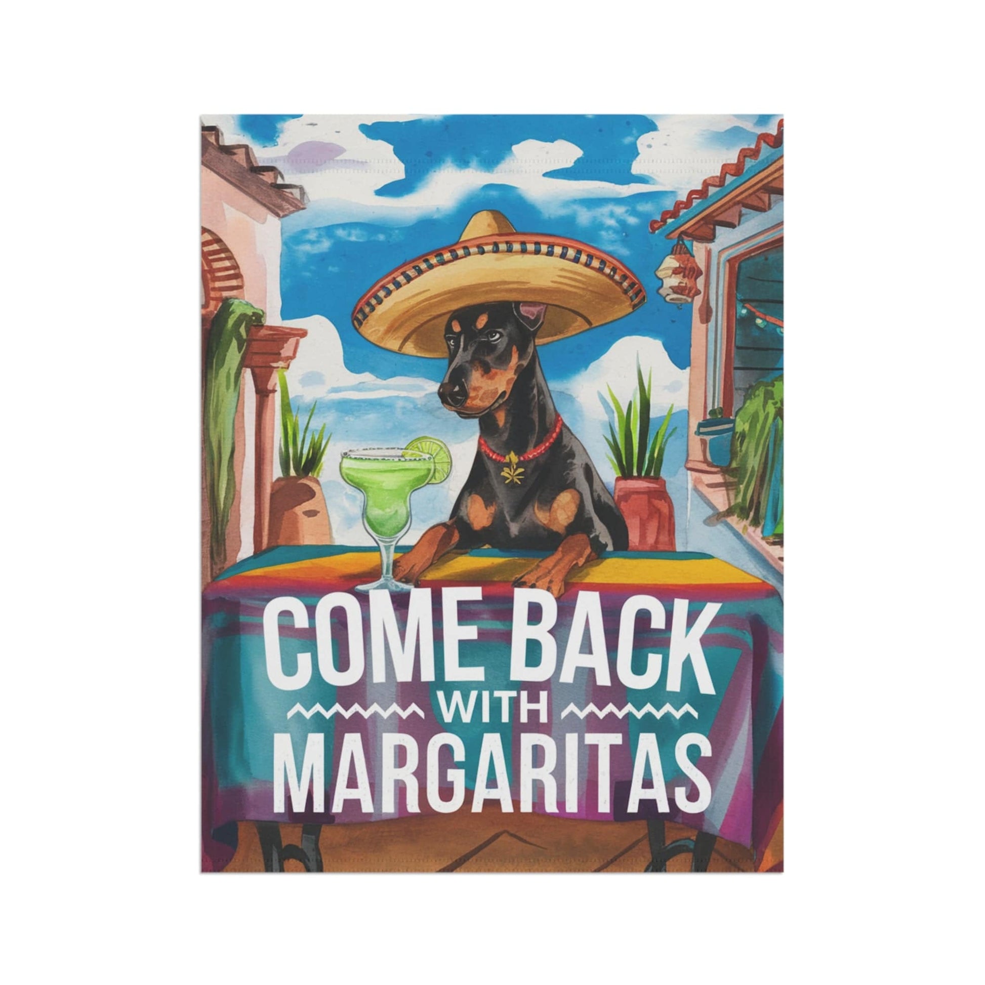 Printify Home Decor Doberman Pinscher Dog Garden Flag, Cinco de Mayo Fiesta, Margarita Front Yard