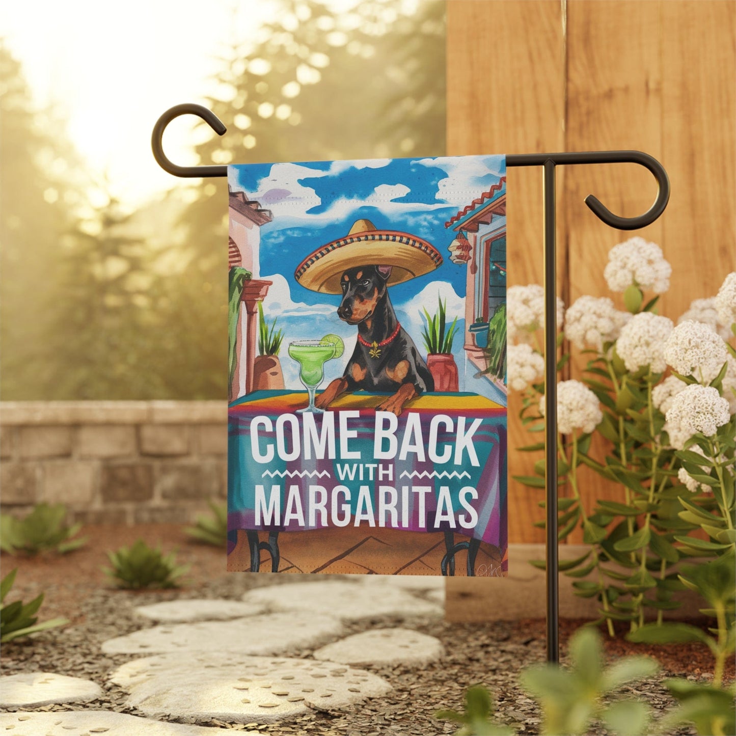 Printify Home Decor Doberman Pinscher Dog Garden Flag, Cinco de Mayo Fiesta, Margarita Front Yard