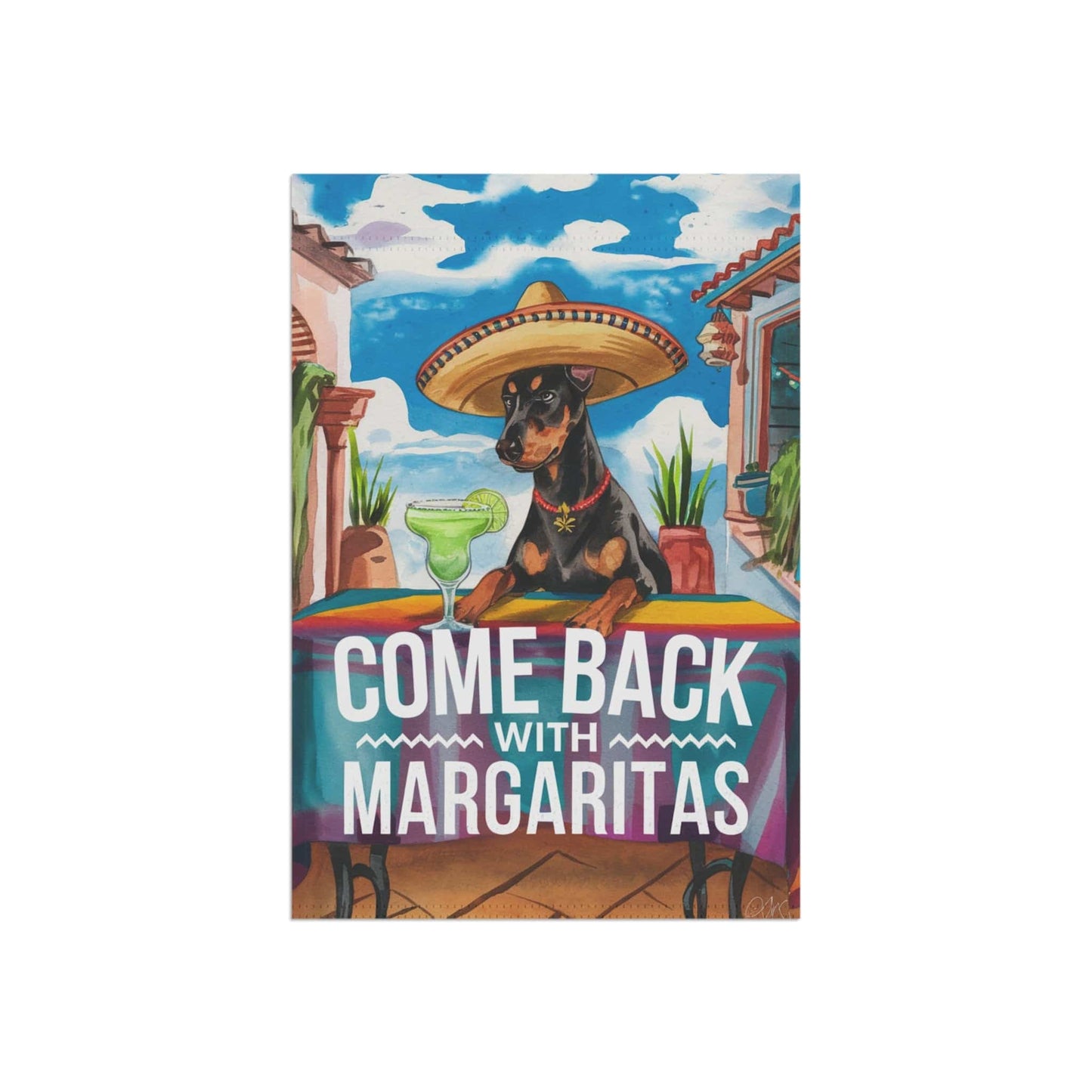 Printify Home Decor Doberman Pinscher Dog Garden Flag, Cinco de Mayo Fiesta, Margarita Front Yard