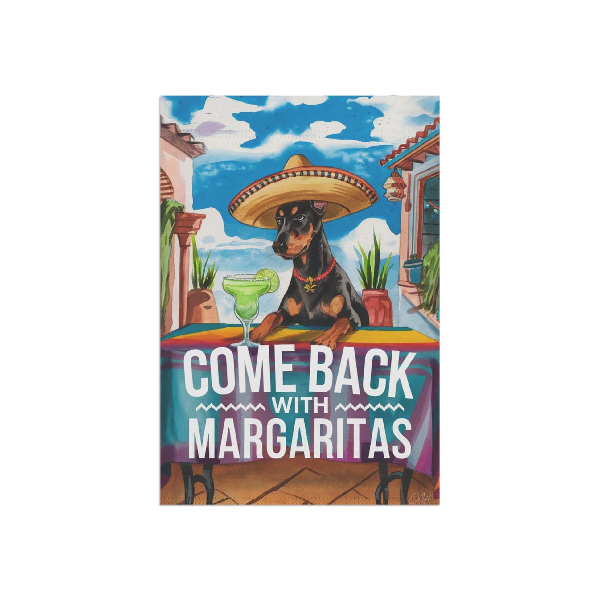 Printify Home Decor Doberman Pinscher Dog Garden Flag, Cinco de Mayo Fiesta, Margarita Front Yard