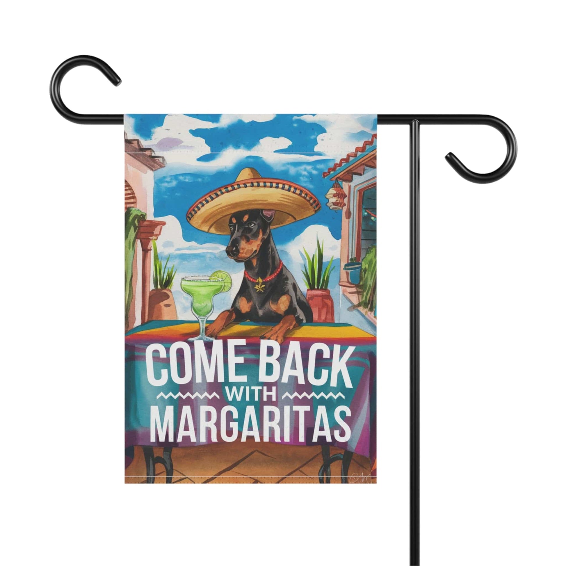 Printify Home Decor Doberman Pinscher Dog Garden Flag, Cinco de Mayo Fiesta, Margarita Front Yard