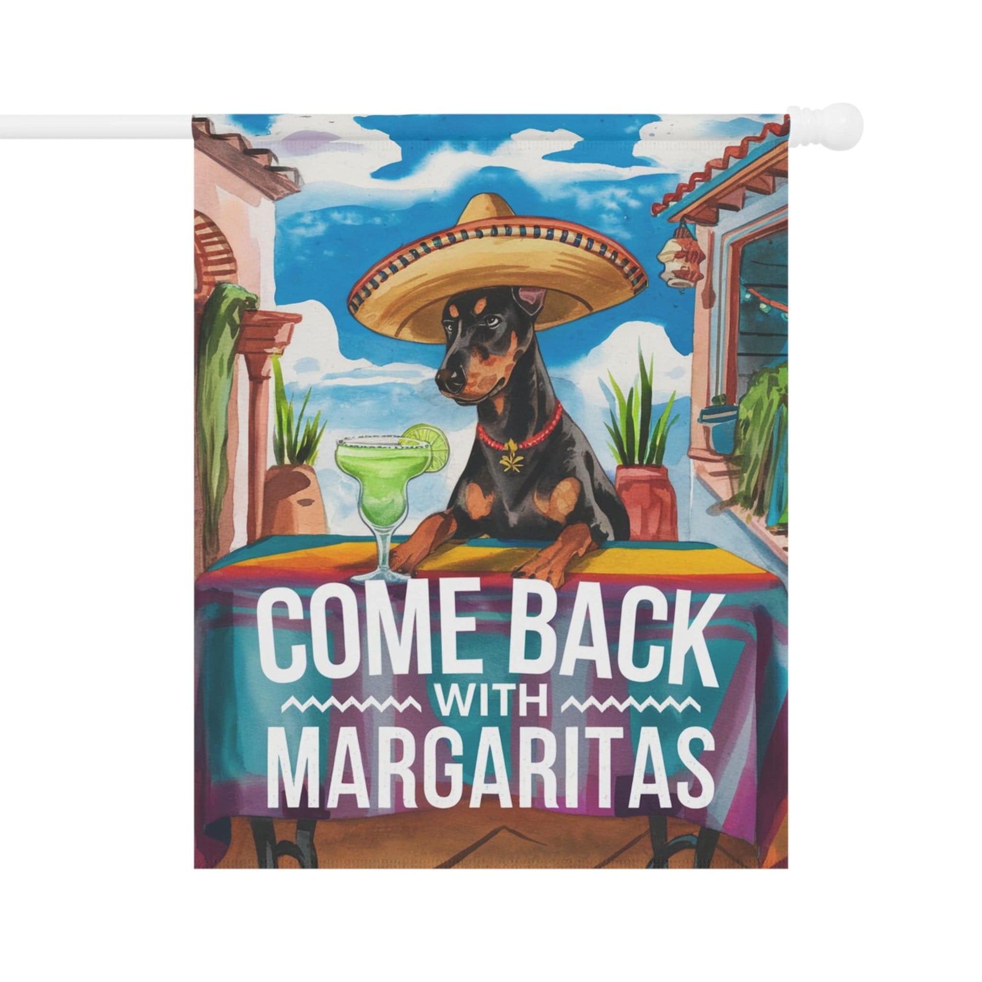 Printify Home Decor 24.5'' × 32'' Doberman Pinscher Dog Garden Flag, Cinco de Mayo Fiesta, Margarita Front Yard