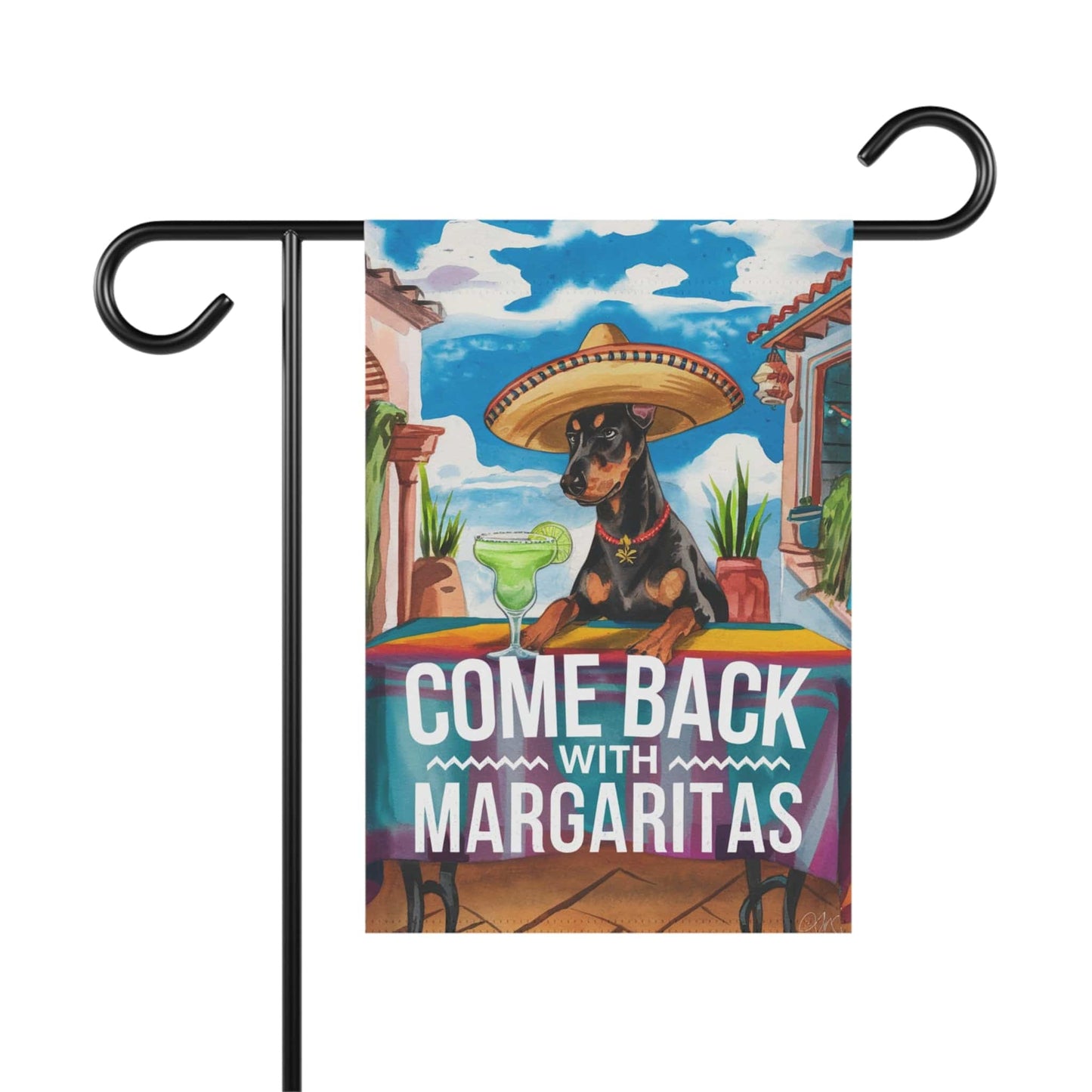 Printify Home Decor 12'' × 18'' Doberman Pinscher Dog Garden Flag, Cinco de Mayo Fiesta, Margarita Front Yard