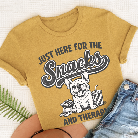 French Bulldog Snacks and Therapy Unisex TShirt Mustard