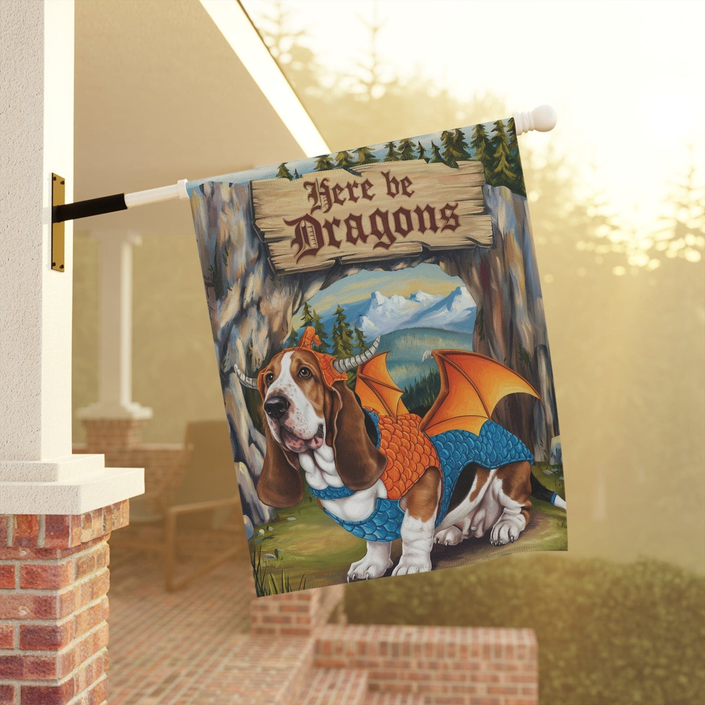 Printify Home Decor Dragon Basset Hound Garden Flag, Fantasy Landscape Painting, Dog Front Yard Spring Decor