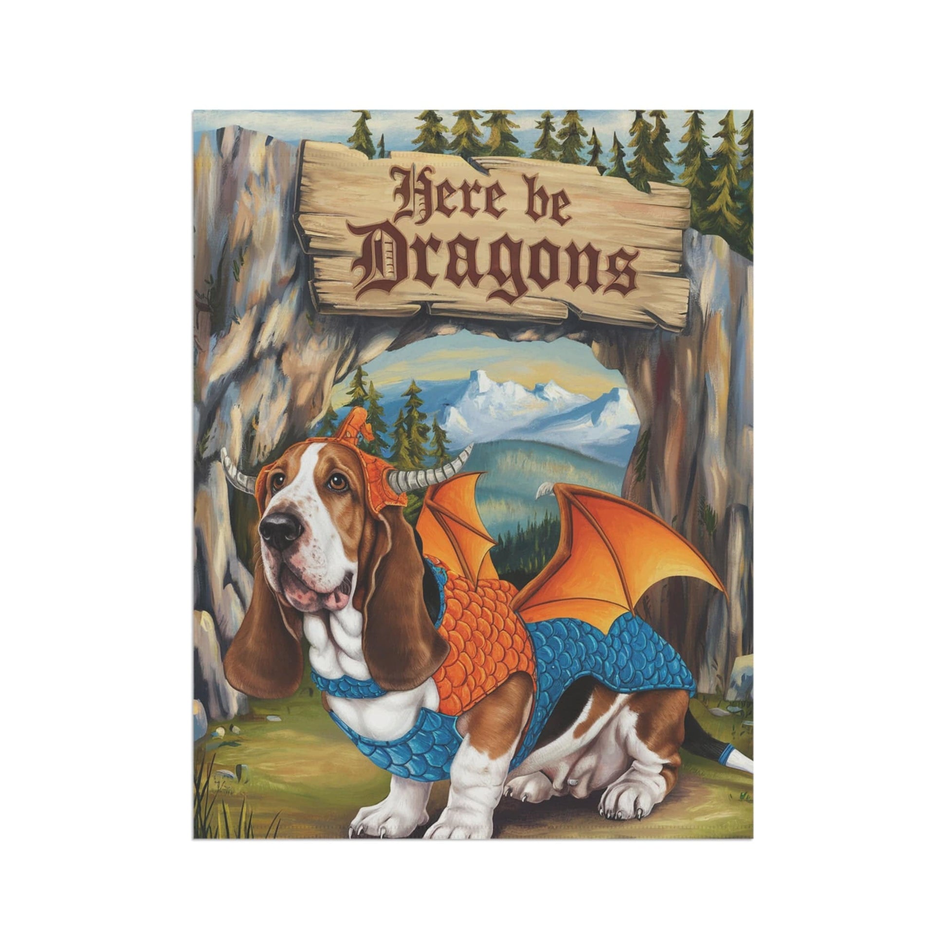 Printify Home Decor Dragon Basset Hound Garden Flag, Fantasy Landscape Painting, Dog Front Yard Spring Decor