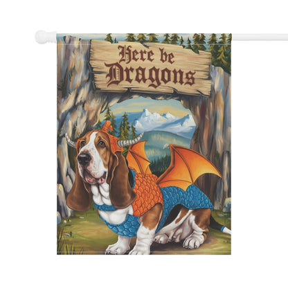 Printify Home Decor Dragon Basset Hound Garden Flag, Fantasy Landscape Painting, Dog Front Yard Spring Decor