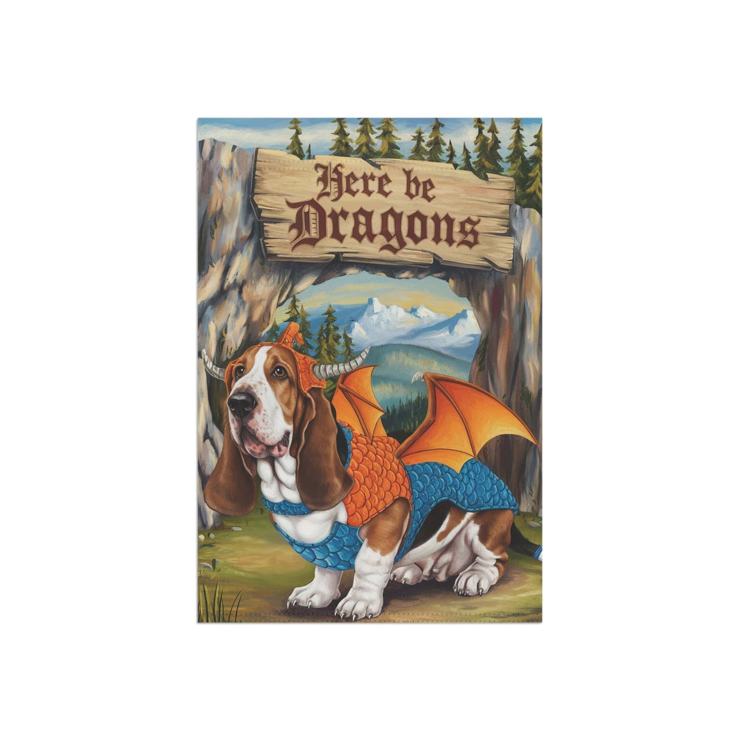 Printify Home Decor Dragon Basset Hound Garden Flag, Fantasy Landscape Painting, Dog Front Yard Spring Decor