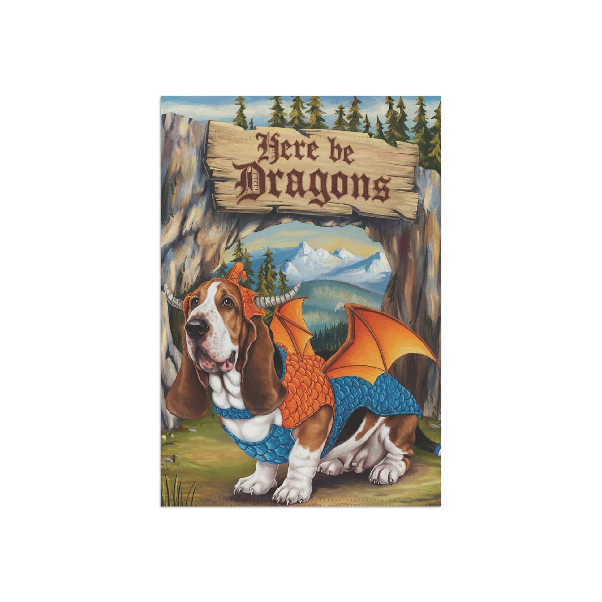 Printify Home Decor Dragon Basset Hound Garden Flag, Fantasy Landscape Painting, Dog Front Yard Spring Decor