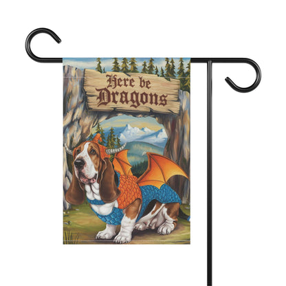 Printify Home Decor Dragon Basset Hound Garden Flag, Fantasy Landscape Painting, Dog Front Yard Spring Decor