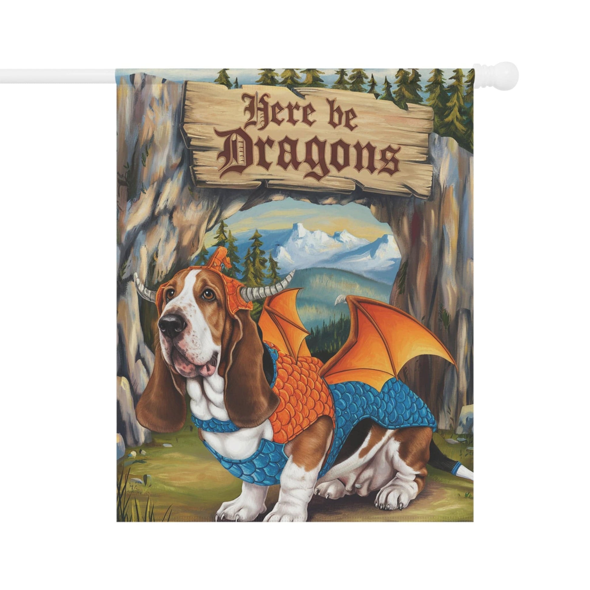 Printify Home Decor 24.5'' × 32'' Dragon Basset Hound Garden Flag, Fantasy Landscape Painting, Dog Front Yard Spring Decor