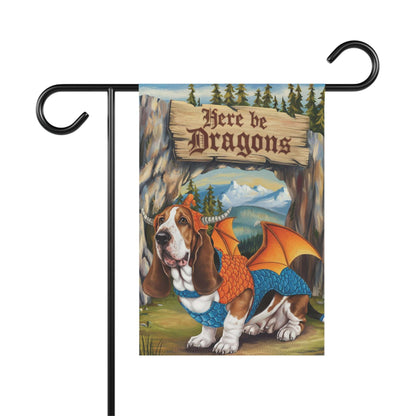 Printify Home Decor 12'' × 18'' Dragon Basset Hound Garden Flag, Fantasy Landscape Painting, Dog Front Yard Spring Decor