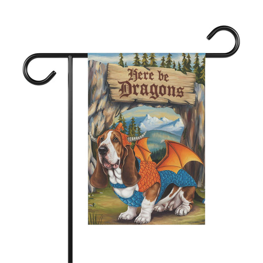 Printify Home Decor 12'' × 18'' Dragon Basset Hound Garden Flag, Fantasy Landscape Painting, Dog Front Yard Spring Decor