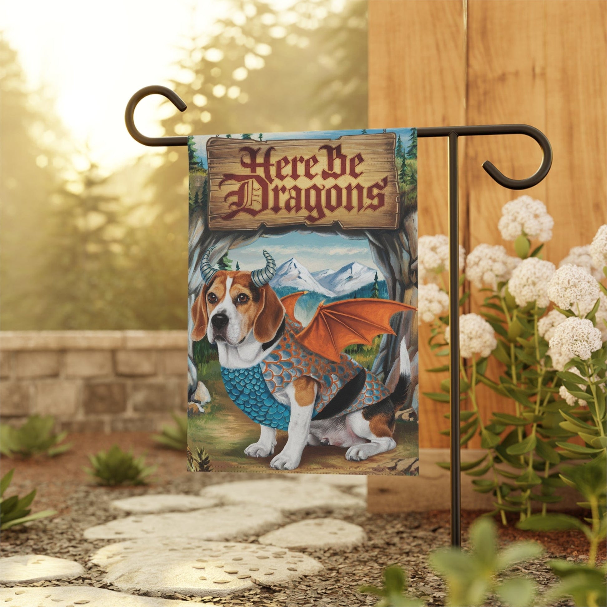 Printify Home Decor Dragon Dog Beagle Garden Flag, Whimsical Pet Portrait Halloween, Fantasy Front Yard