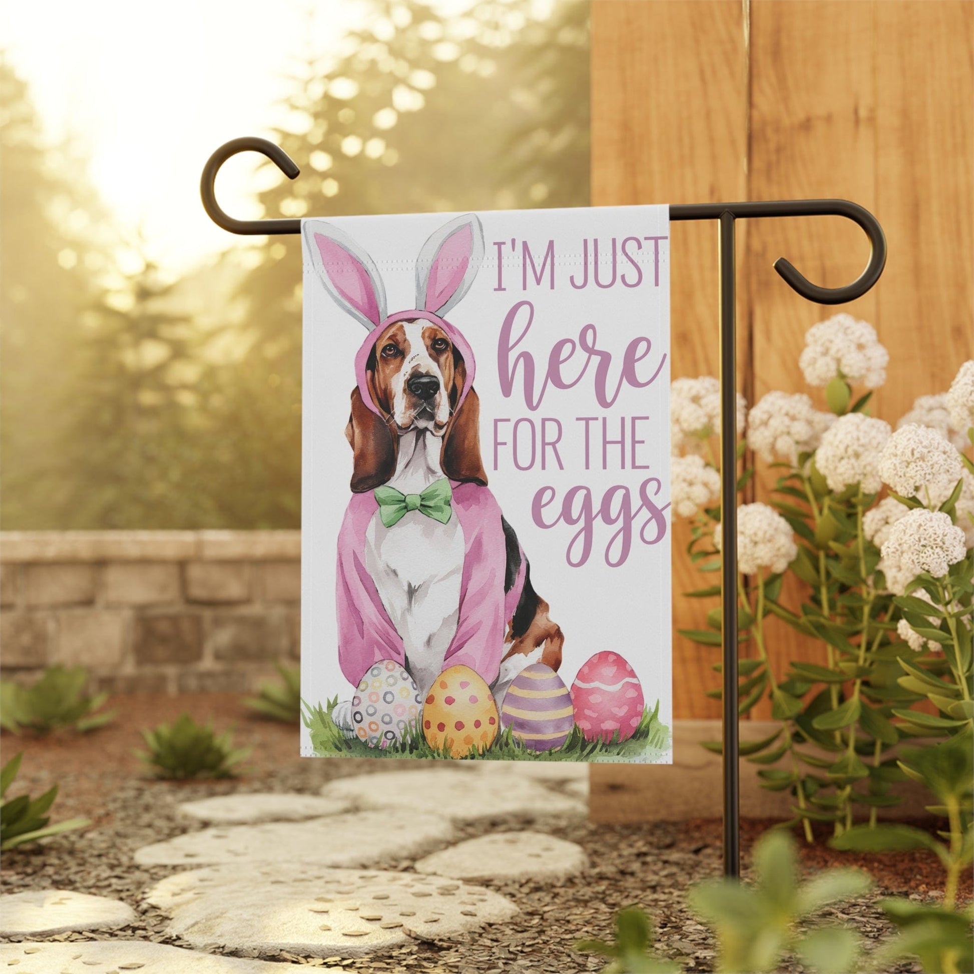 Printify Home Decor Easter Basset Hound Lawn Flag, Festive Dog, Funny Welcome Spring Garden Flag