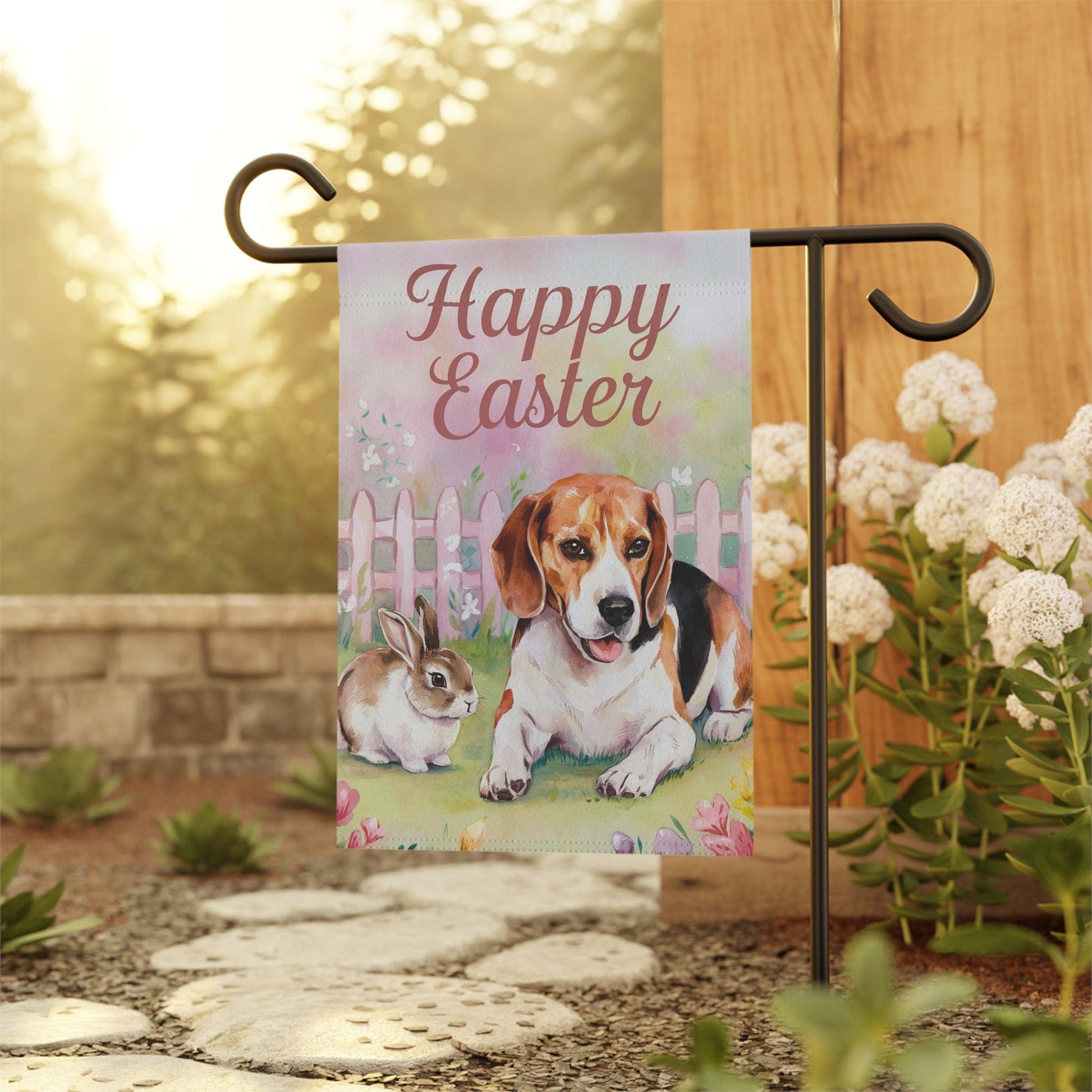 Printify Home Decor Easter Beagle and Bunny Rabbit, Spring  Whimsical Floral Garden Flag, Front Yard Spring Decor