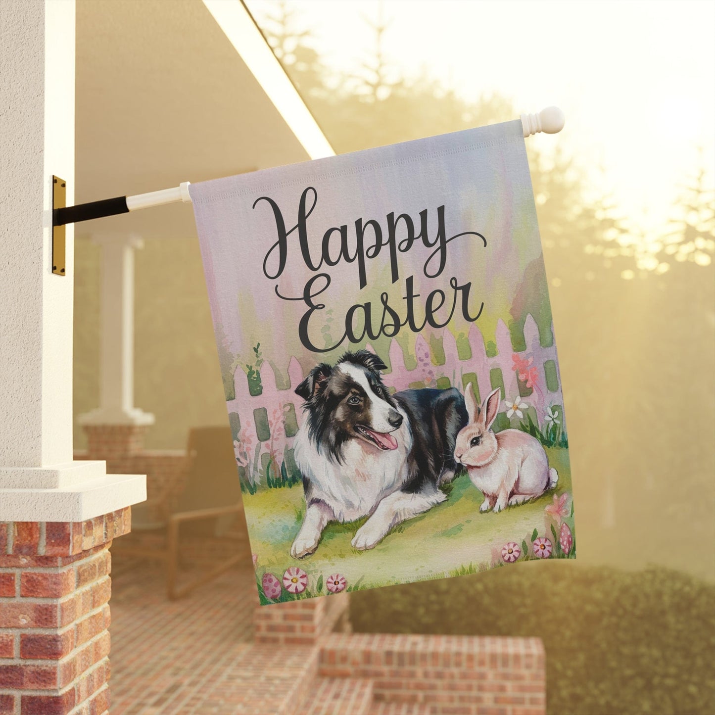 Printify Home Decor Easter Black Border Collie Garden Flag, Front Yard Spring Decor, Housewarming Gardener Gift