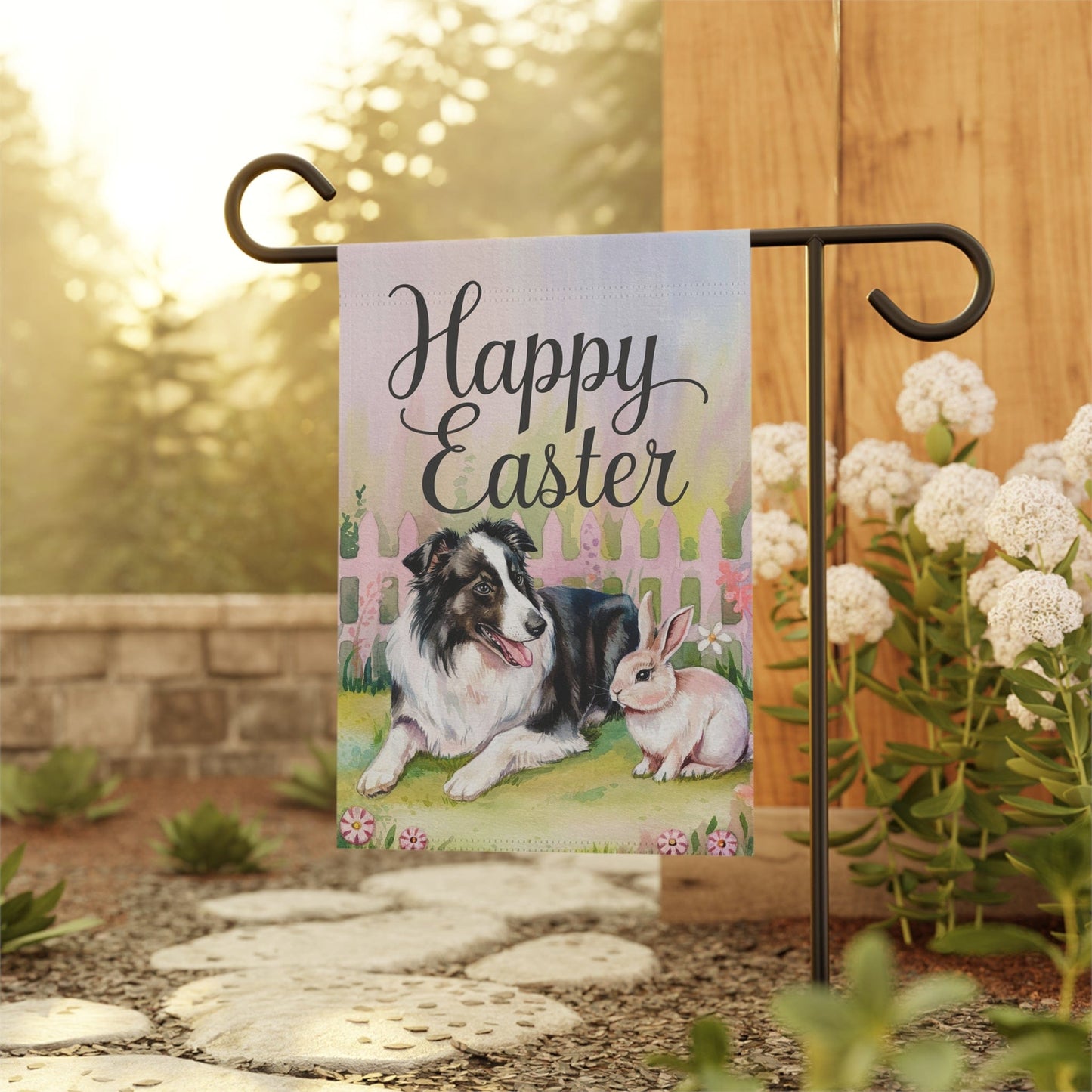 Printify Home Decor Easter Black Border Collie Garden Flag, Front Yard Spring Decor, Housewarming Gardener Gift