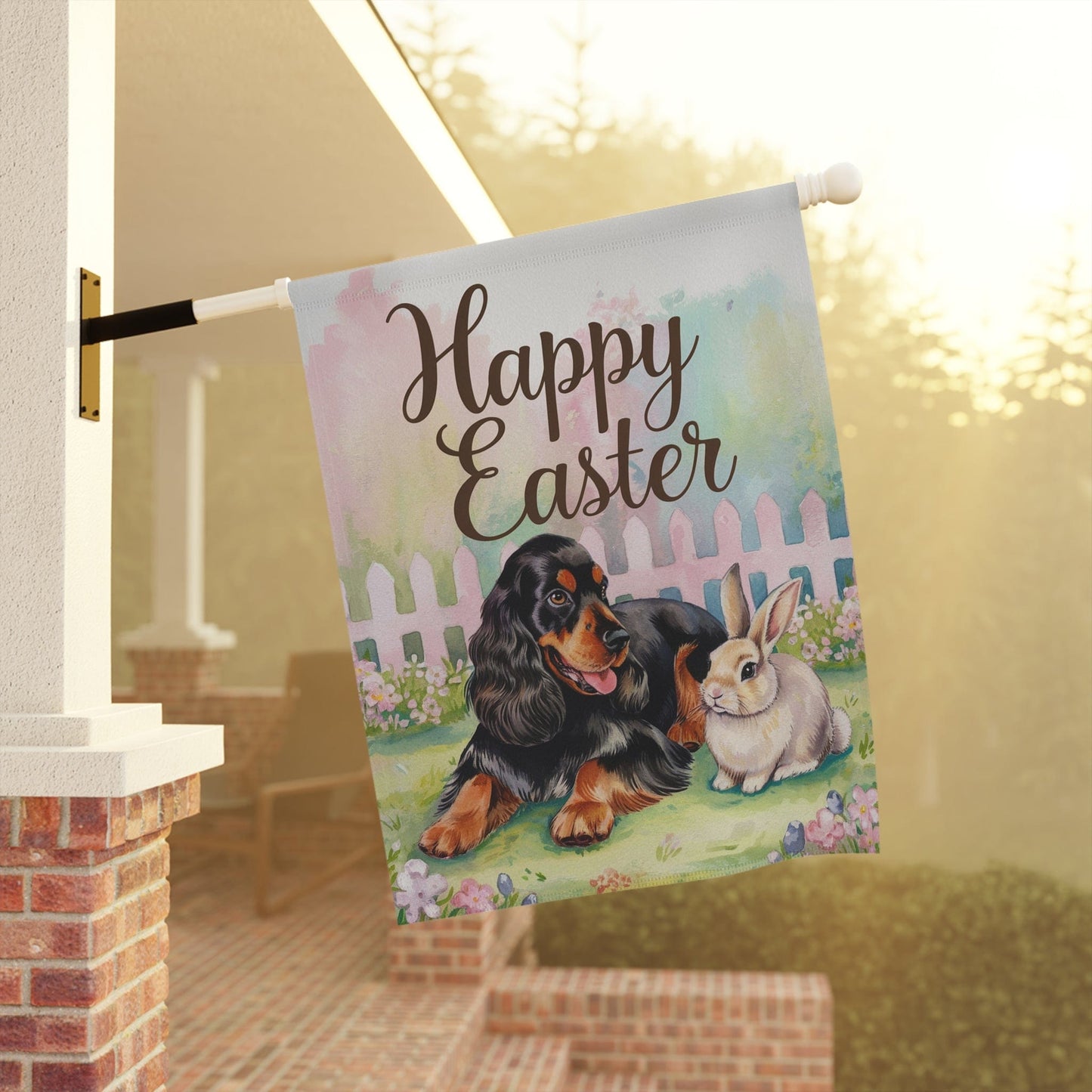 Printify Home Decor Easter Black Cocker Spaniel Garden Flag, Spring Scene Yard Decor, Housewarming Gardener Gift