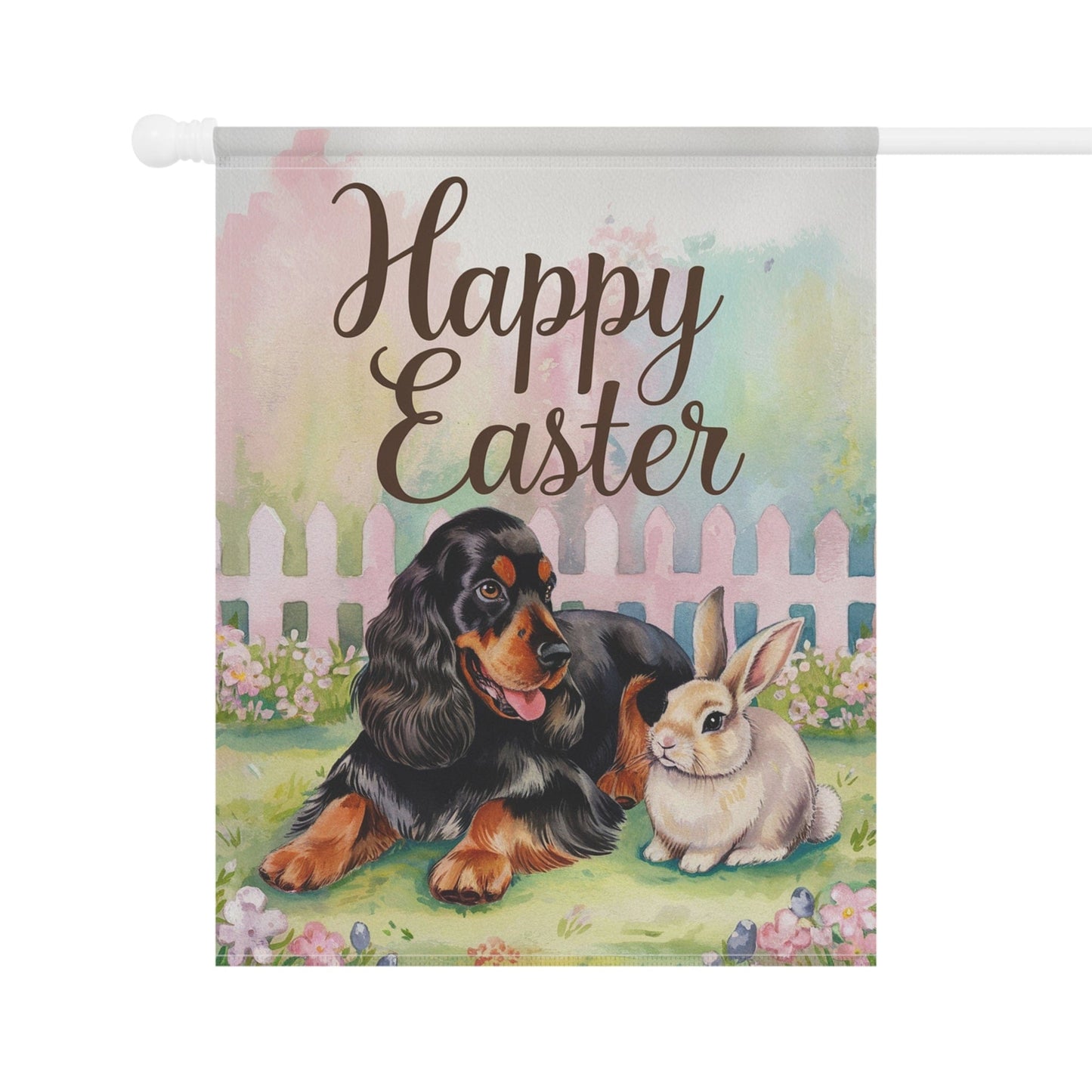 Printify Home Decor Easter Black Cocker Spaniel Garden Flag, Spring Scene Yard Decor, Housewarming Gardener Gift