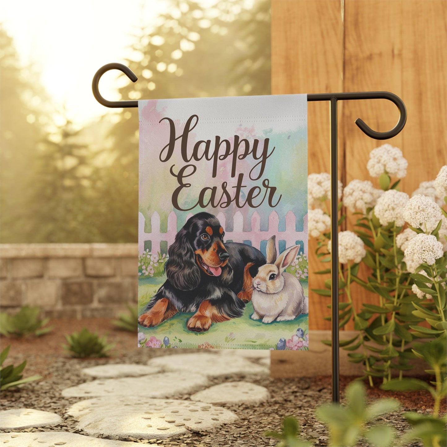 Printify Home Decor Easter Black Cocker Spaniel Garden Flag, Spring Scene Yard Decor, Housewarming Gardener Gift