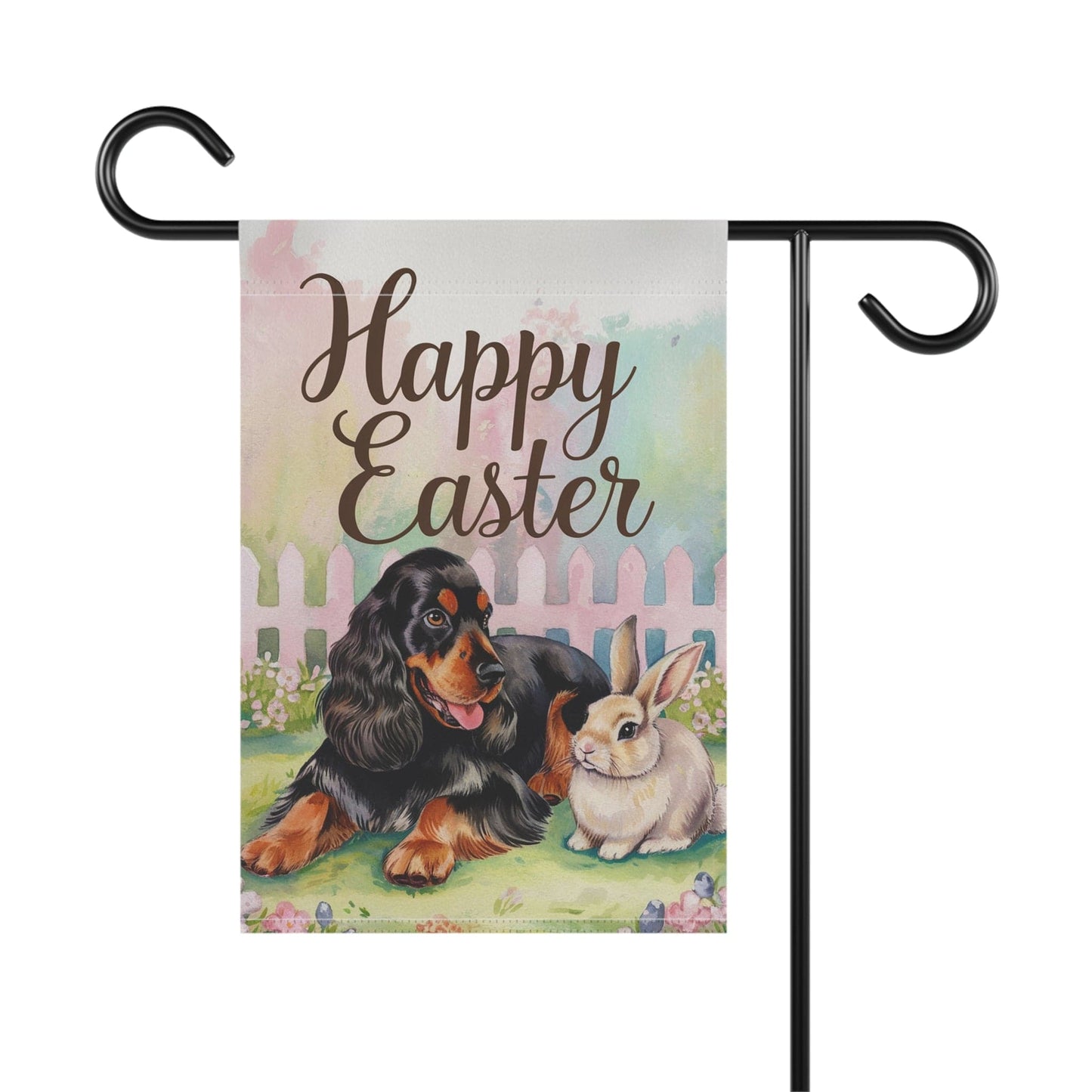 Printify Home Decor Easter Black Cocker Spaniel Garden Flag, Spring Scene Yard Decor, Housewarming Gardener Gift